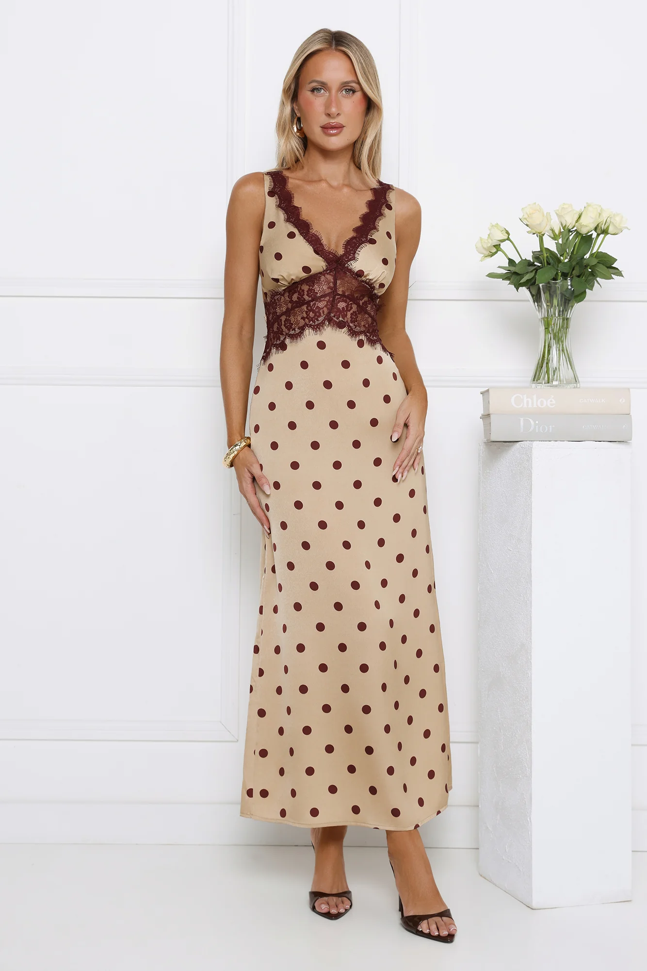 Trending Polka Dots Satin Maxi Dress Yellow