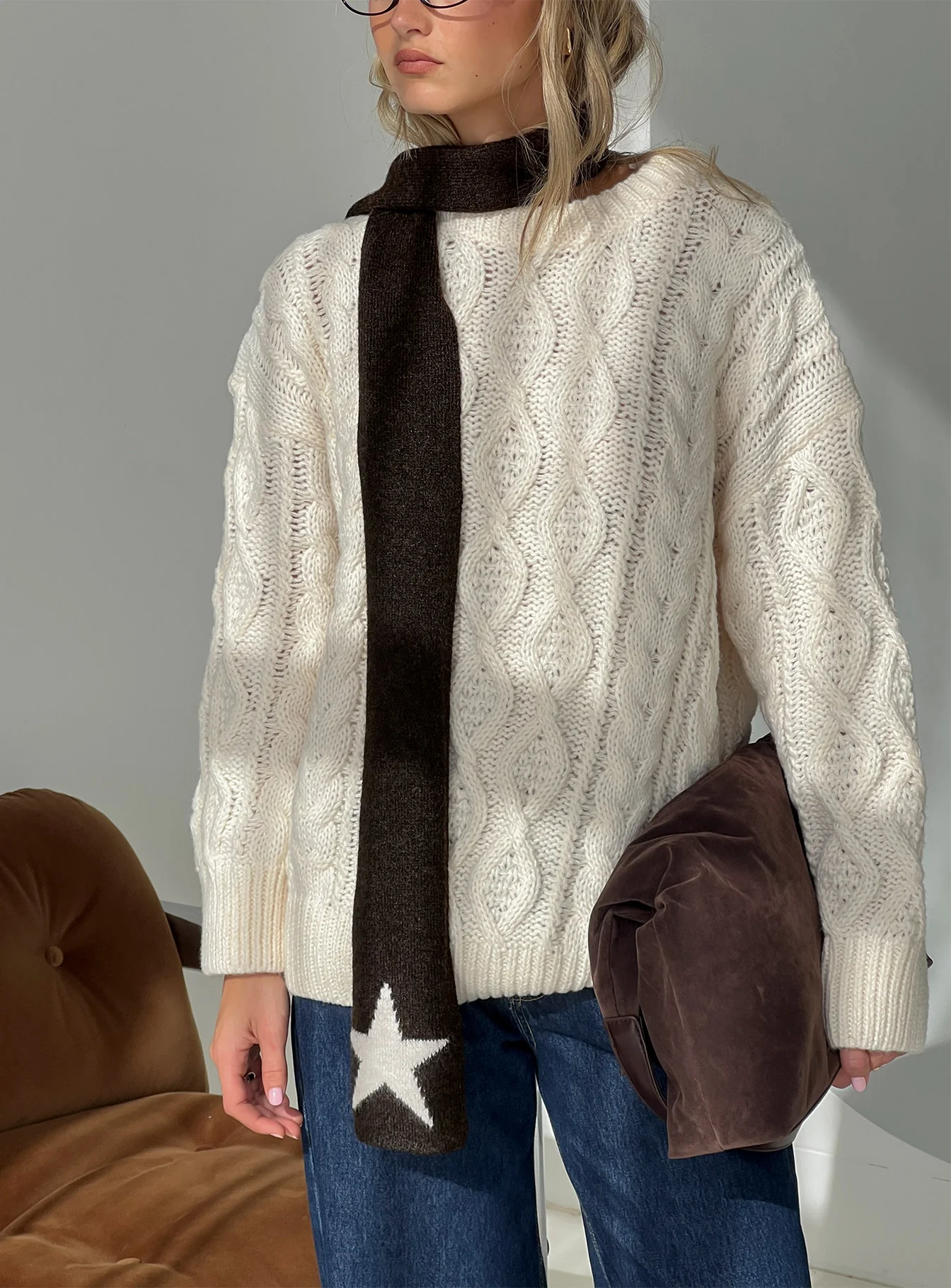 Abelia Star Graphic Scarf Brown / Cream