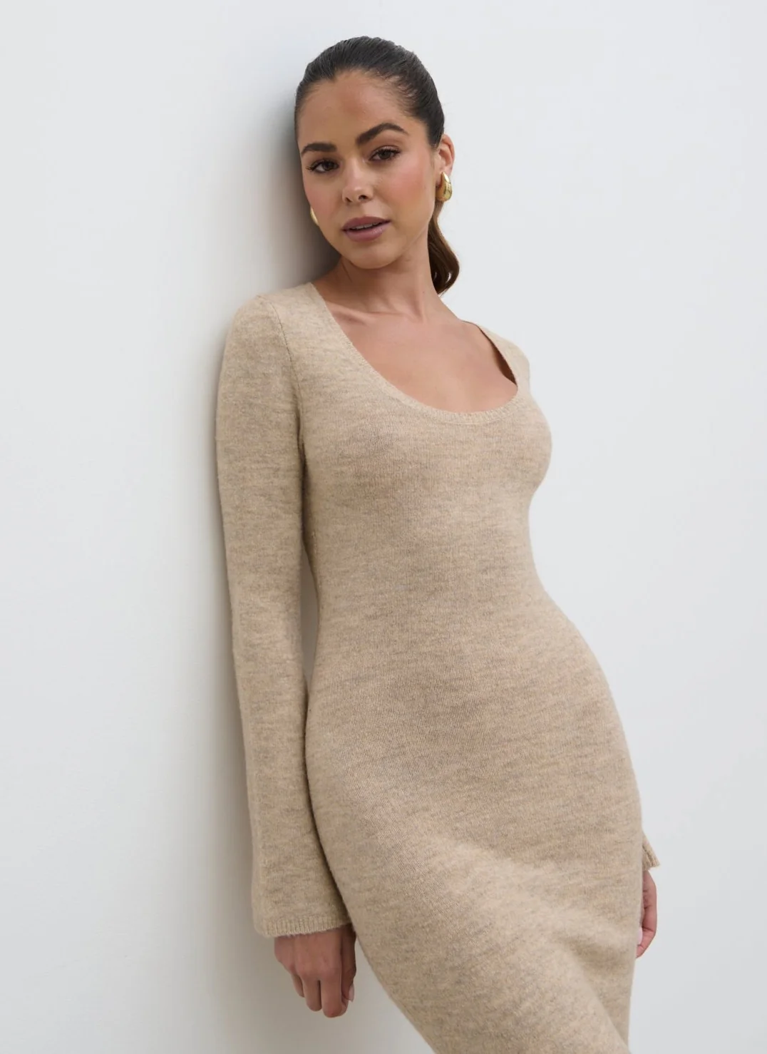 Clara Scoop Neck Knit Dress - Beige
