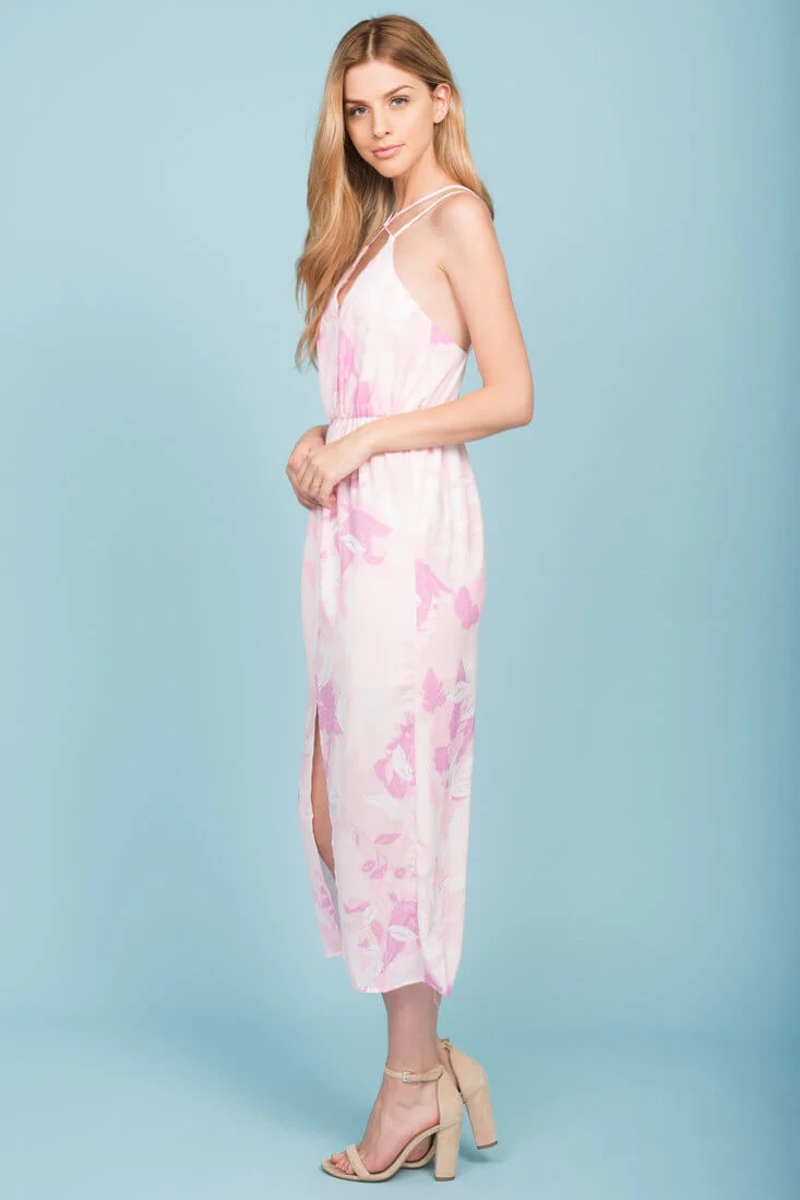 Emilia Open Back Floral Print Midi Dress Pink