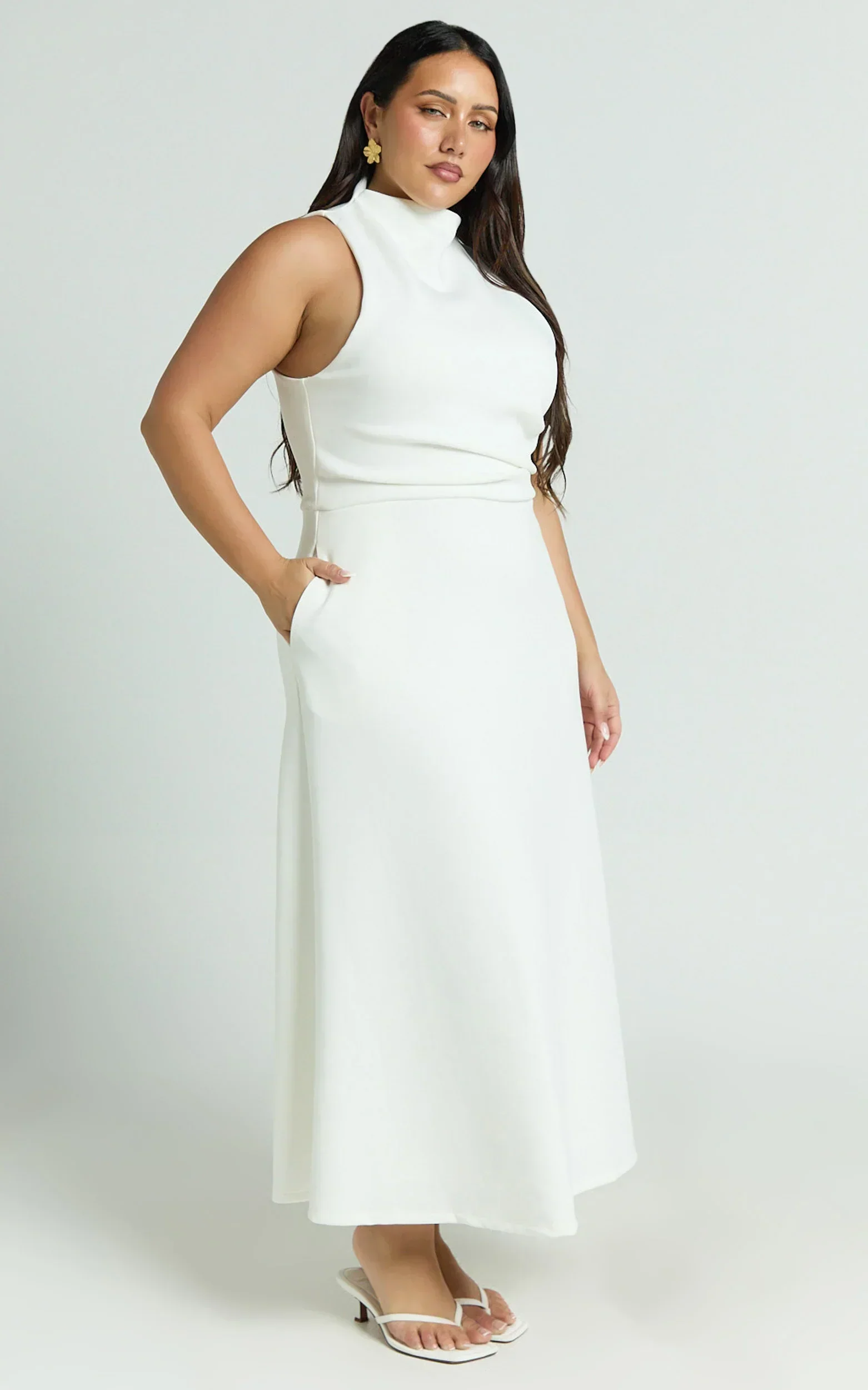 Macy Midi Dress High Neck A Line Dress in Off White - luluinthesky