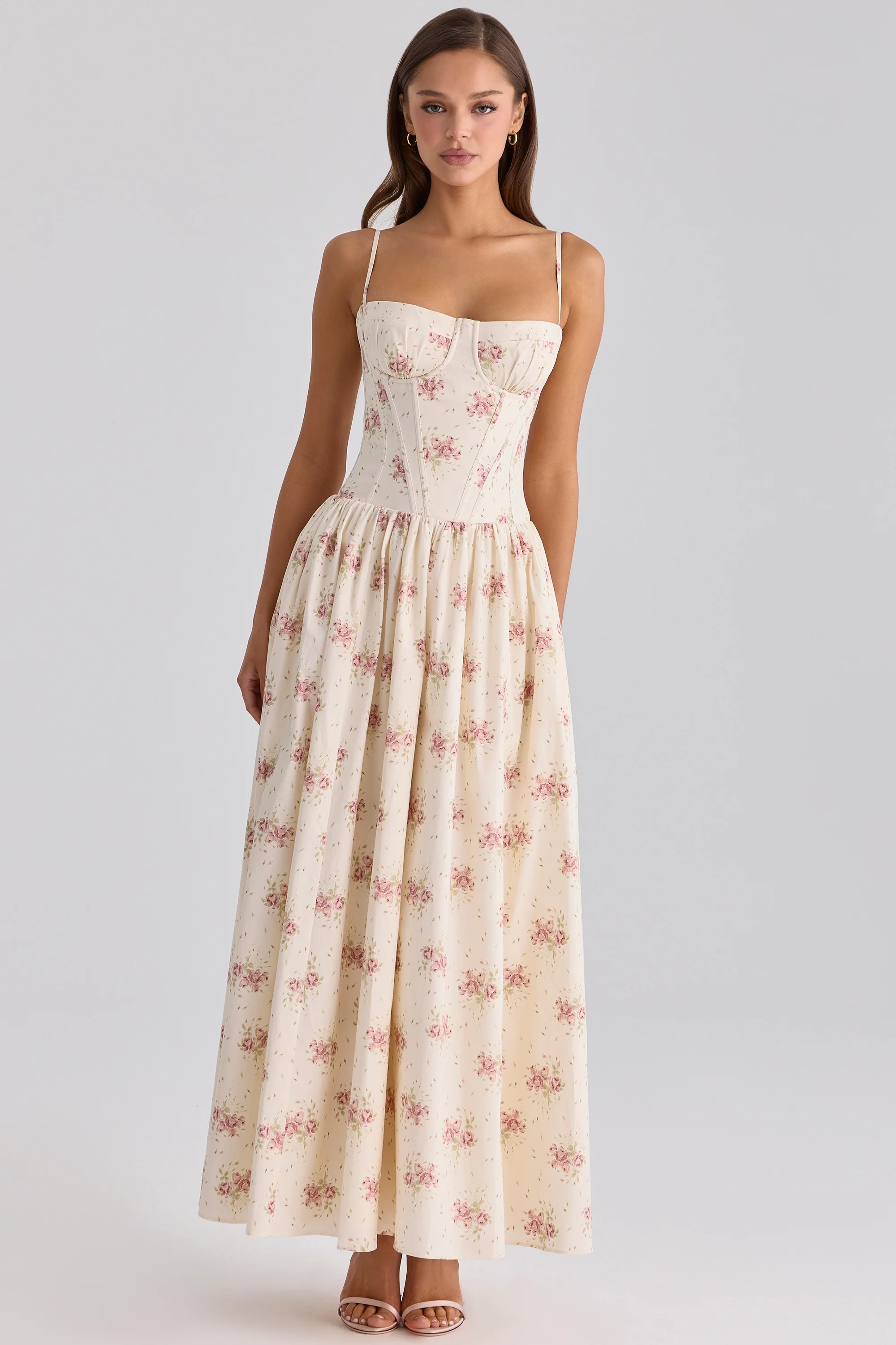 Ivory Vintage Rose Print Cotton Maxi Dress