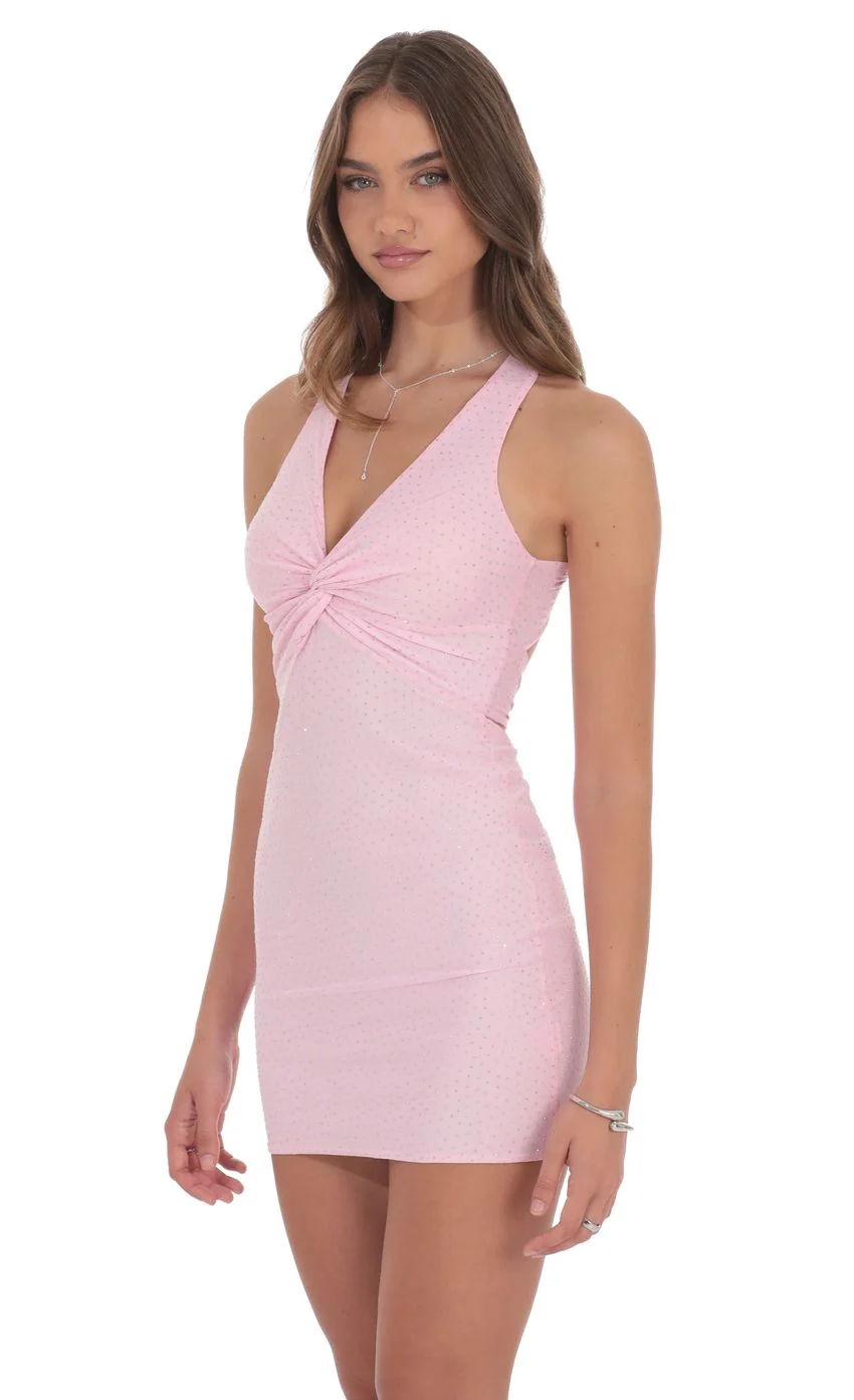 Rhinestone TwistV-Neck Dress in Pink
