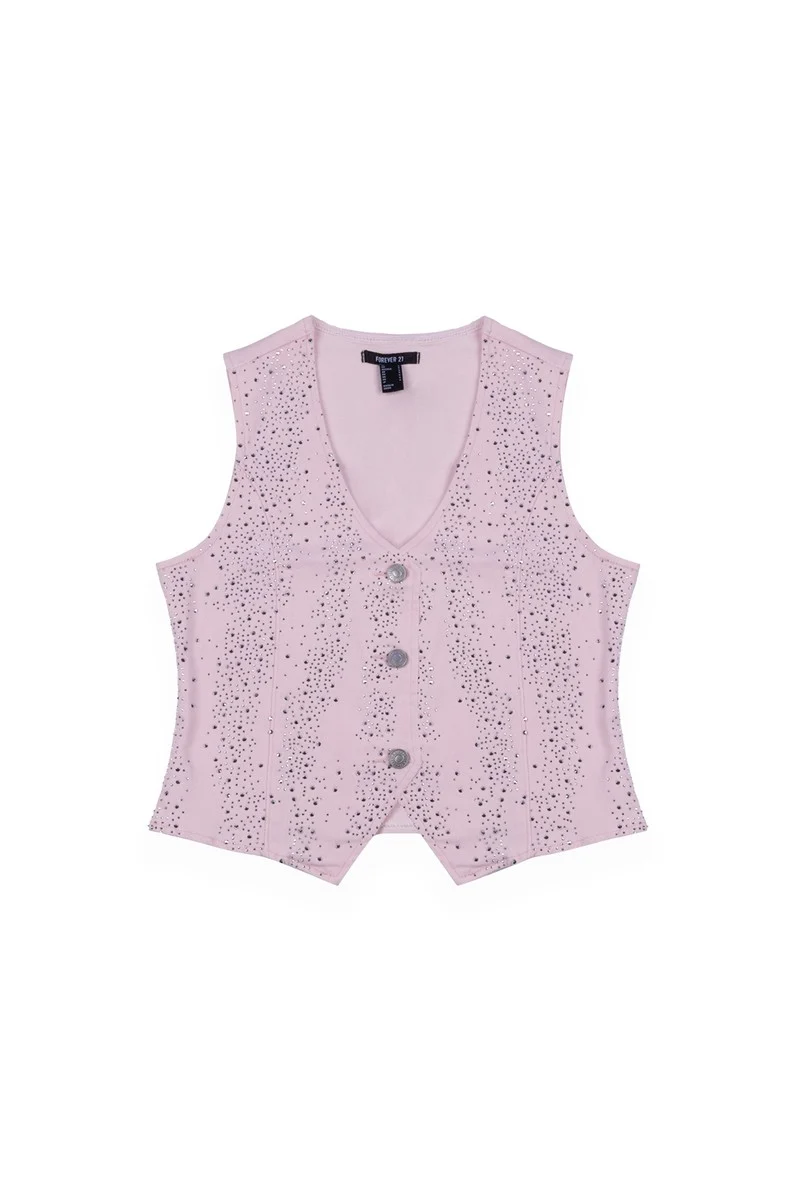 Stretch Denim Vest with Rhinestones