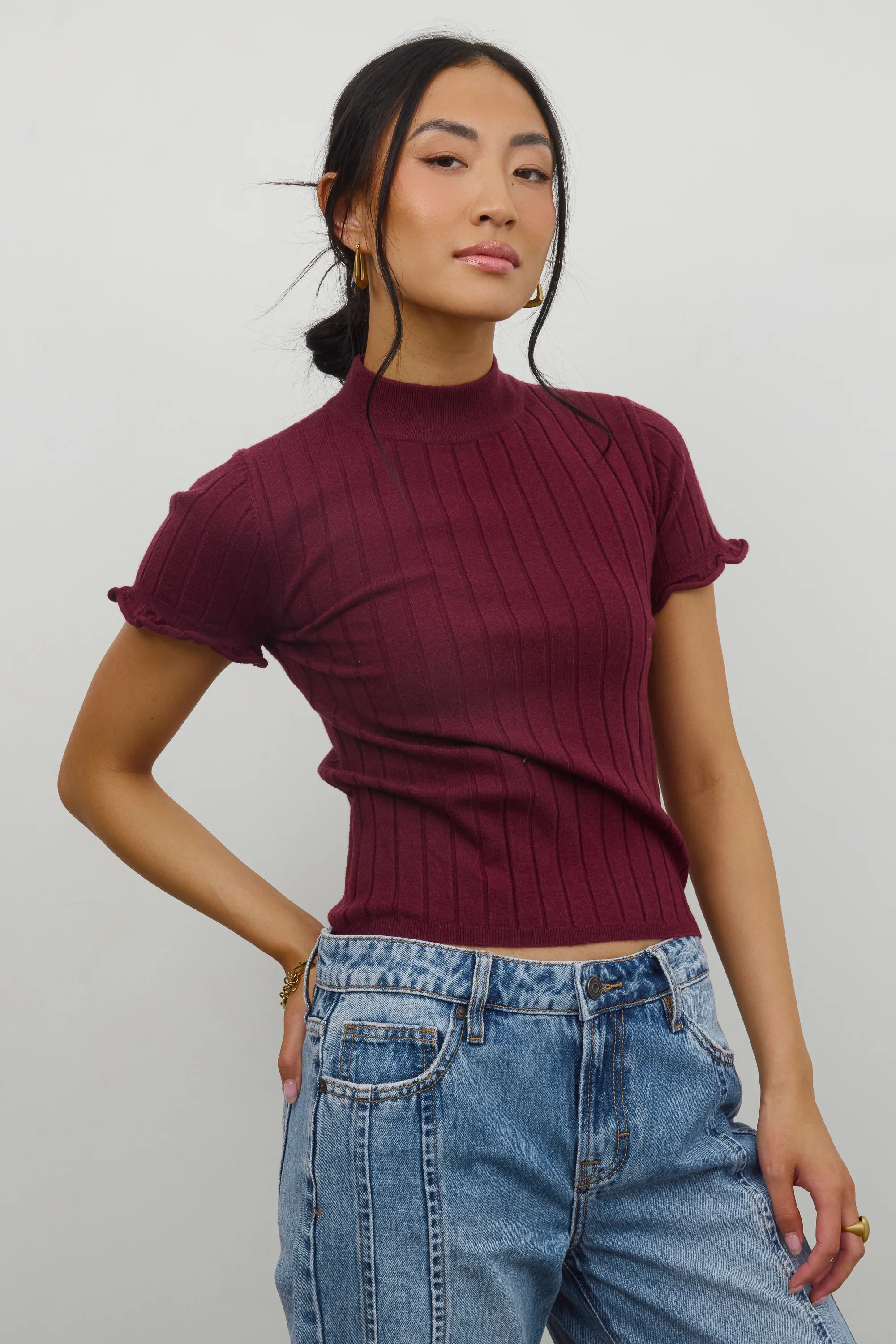 Amara Ribbed Top in Burgundy