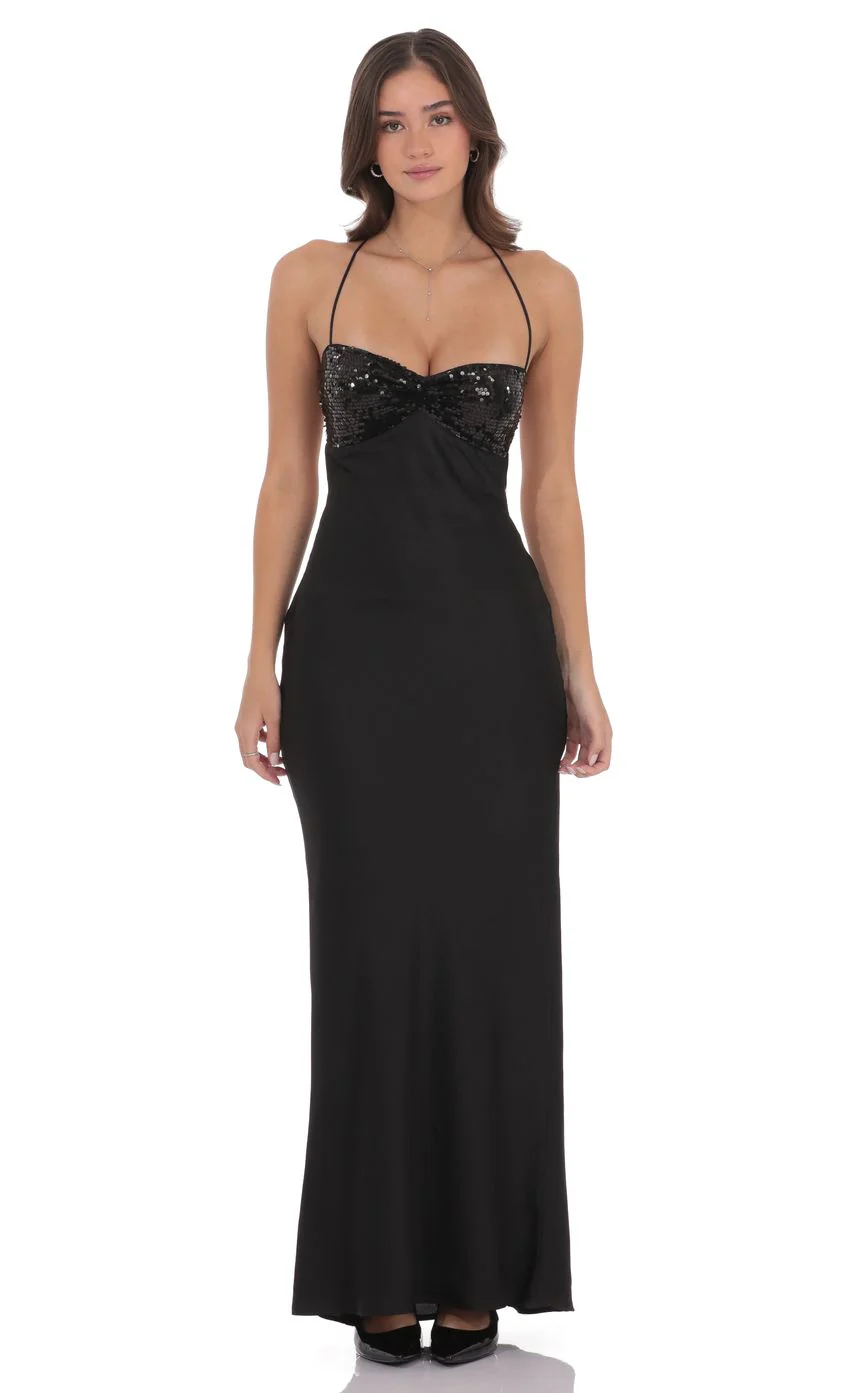 Sequin Bust Satin Maxi Dress in Black
