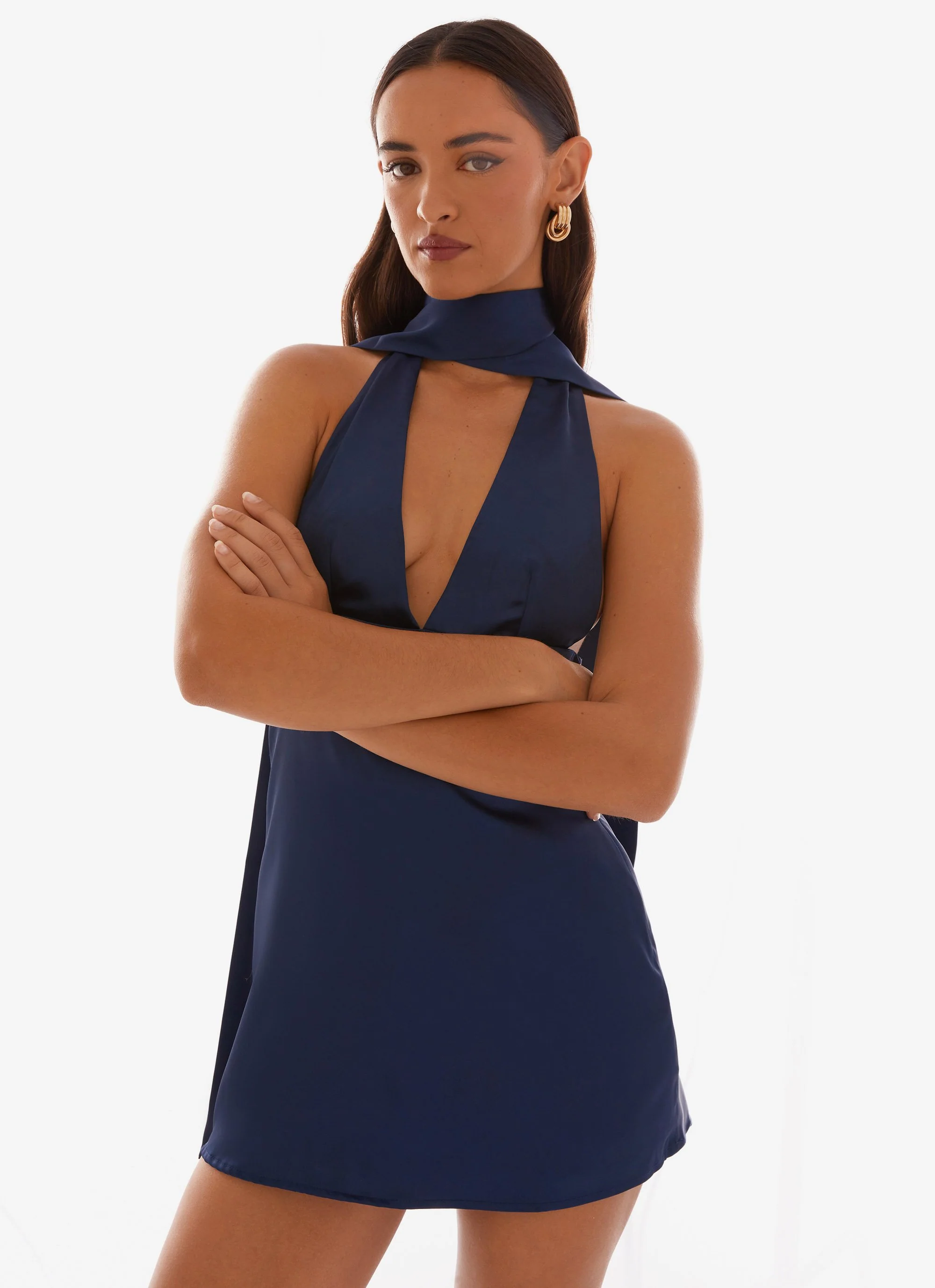 Alicia Satin Halter Mini Dress - Navy - luluinthesky