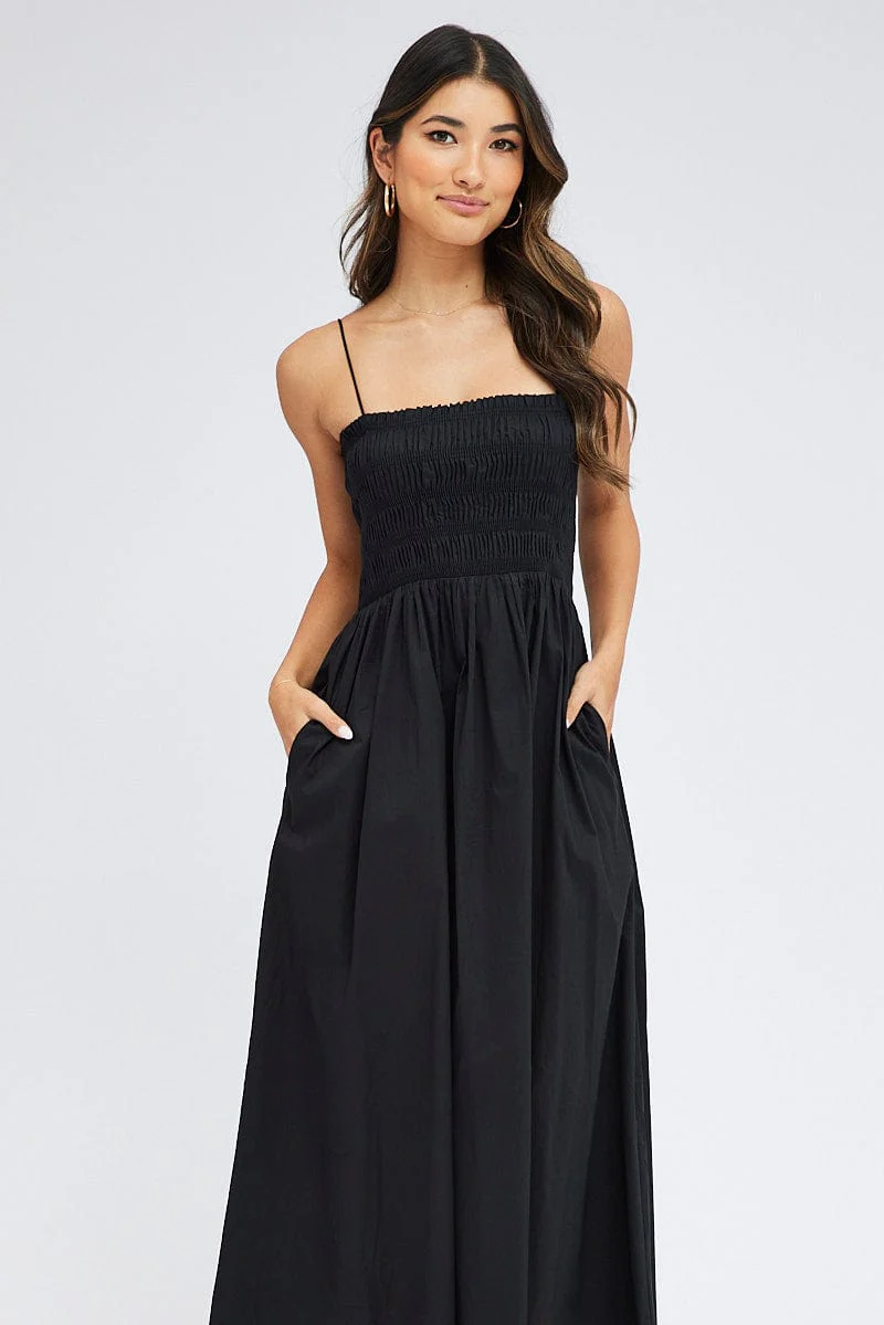 Black Maxi Dress Shirred Bust Poplin
