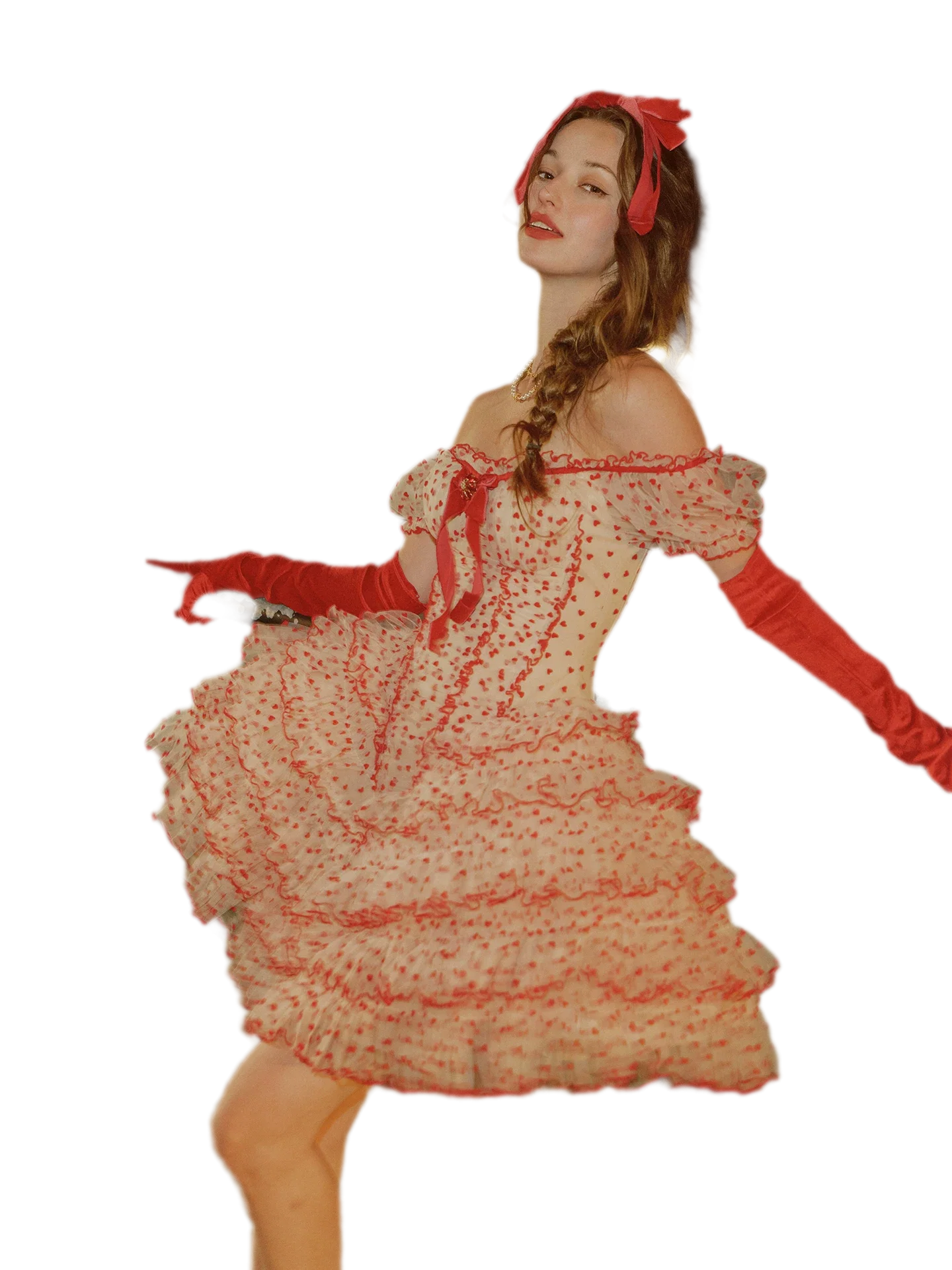 Flocked Bow Ruffle Dress