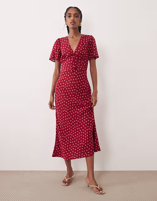Nobody's Child Faith v-neck flutter sleeve midi dress in red floral
