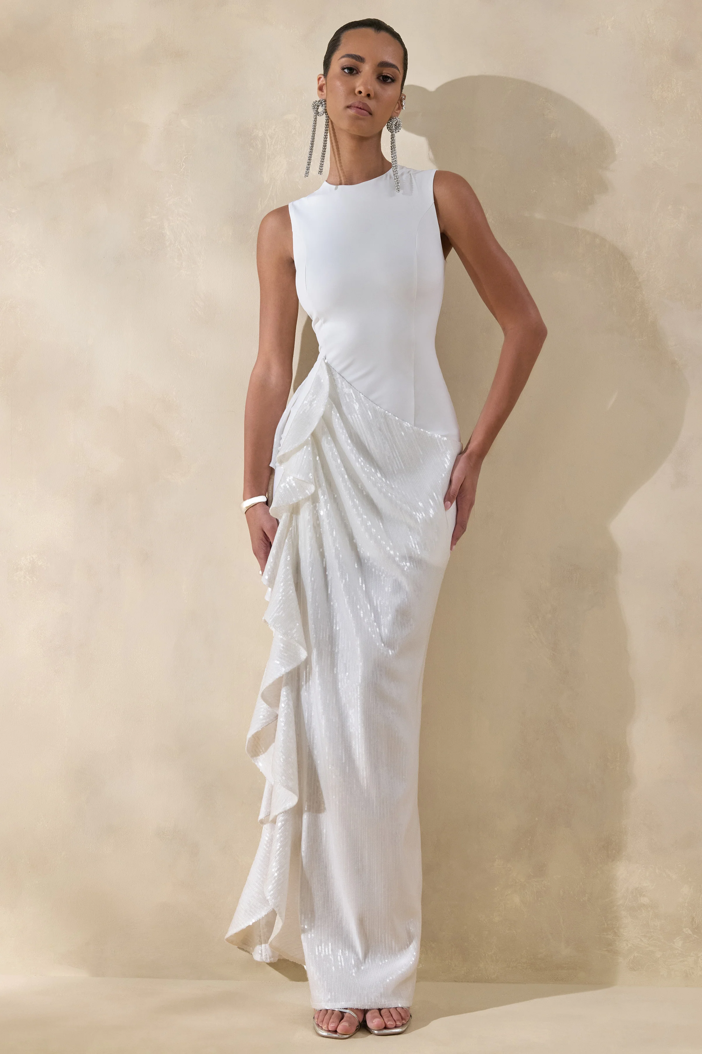 Ada | White Crew-Neck Maxi Dress With Sheer Skirt And Ruffled Detailing