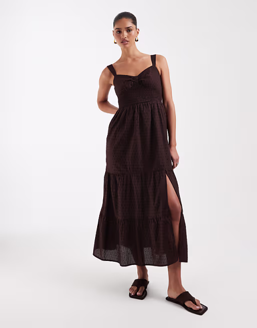 Hollister striped v neck strappy maxi dress with slit in brown