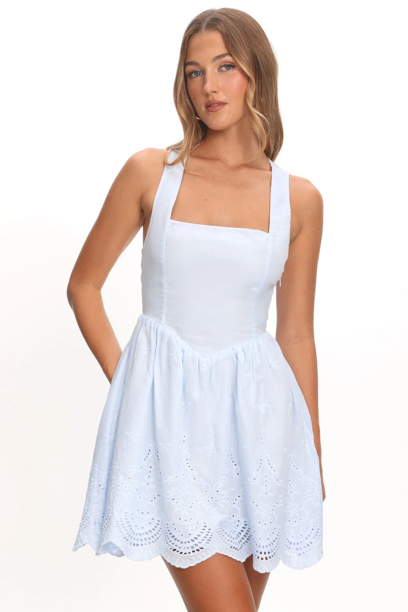 Aveline Eyelet Lace-Up Back Mini Dress Blue