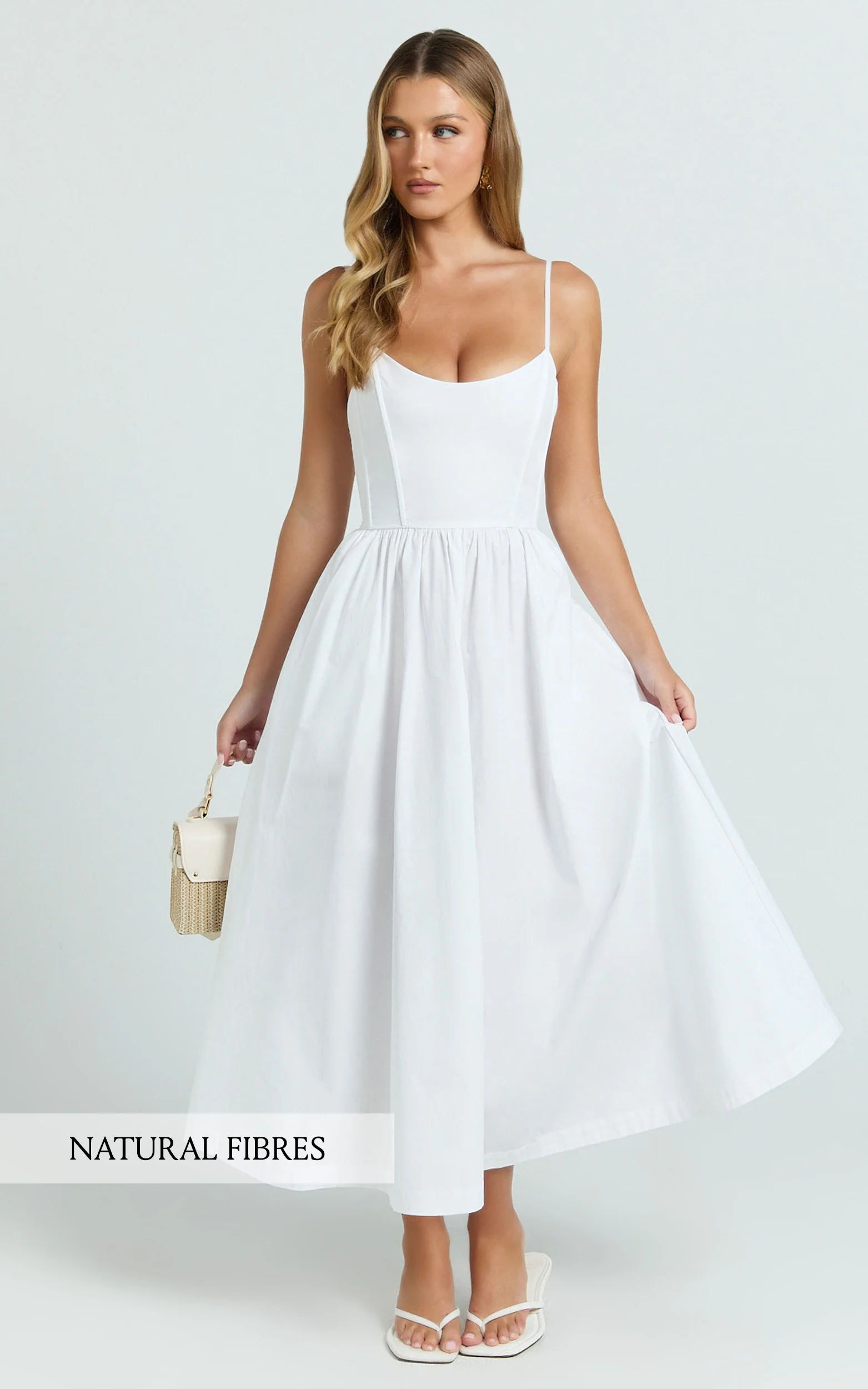 Braelyn Midi Dress - Scoop Neck Flare Dress in White