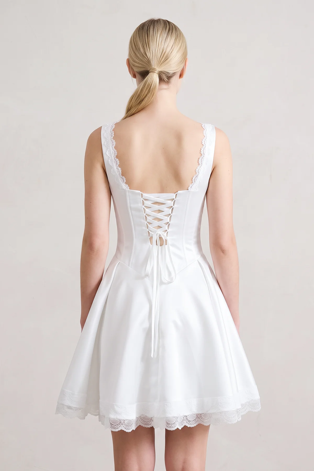 White Scoop Neck Lace Ruched A-Line Satin Homecoming Dress