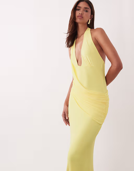 mesh halter maxi dress with draped sash detail in lemon