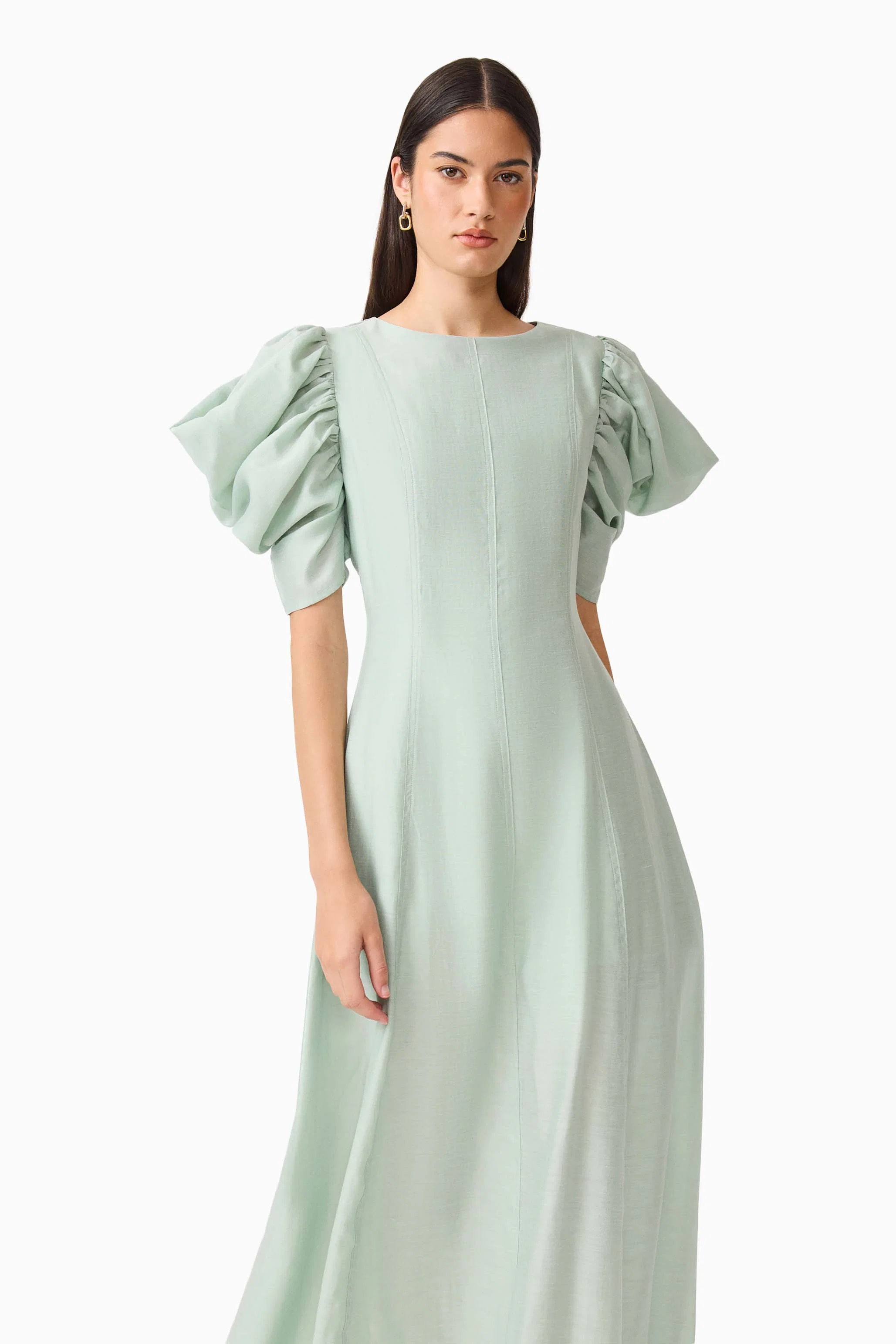 CURAAE Isaline Puff Sleeve Midi Dress in Sage Green