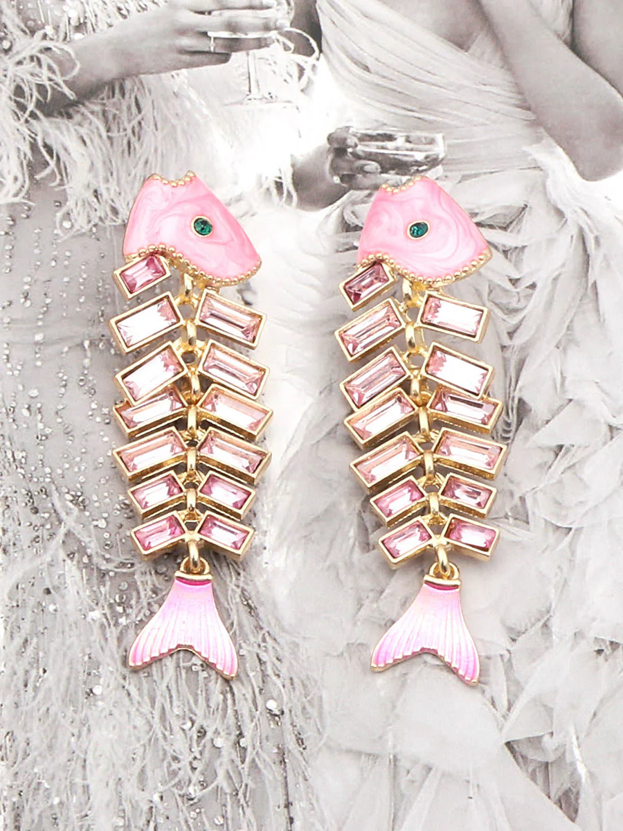 Fish Bones Rhine Stones Shiny Earrings Accessories
