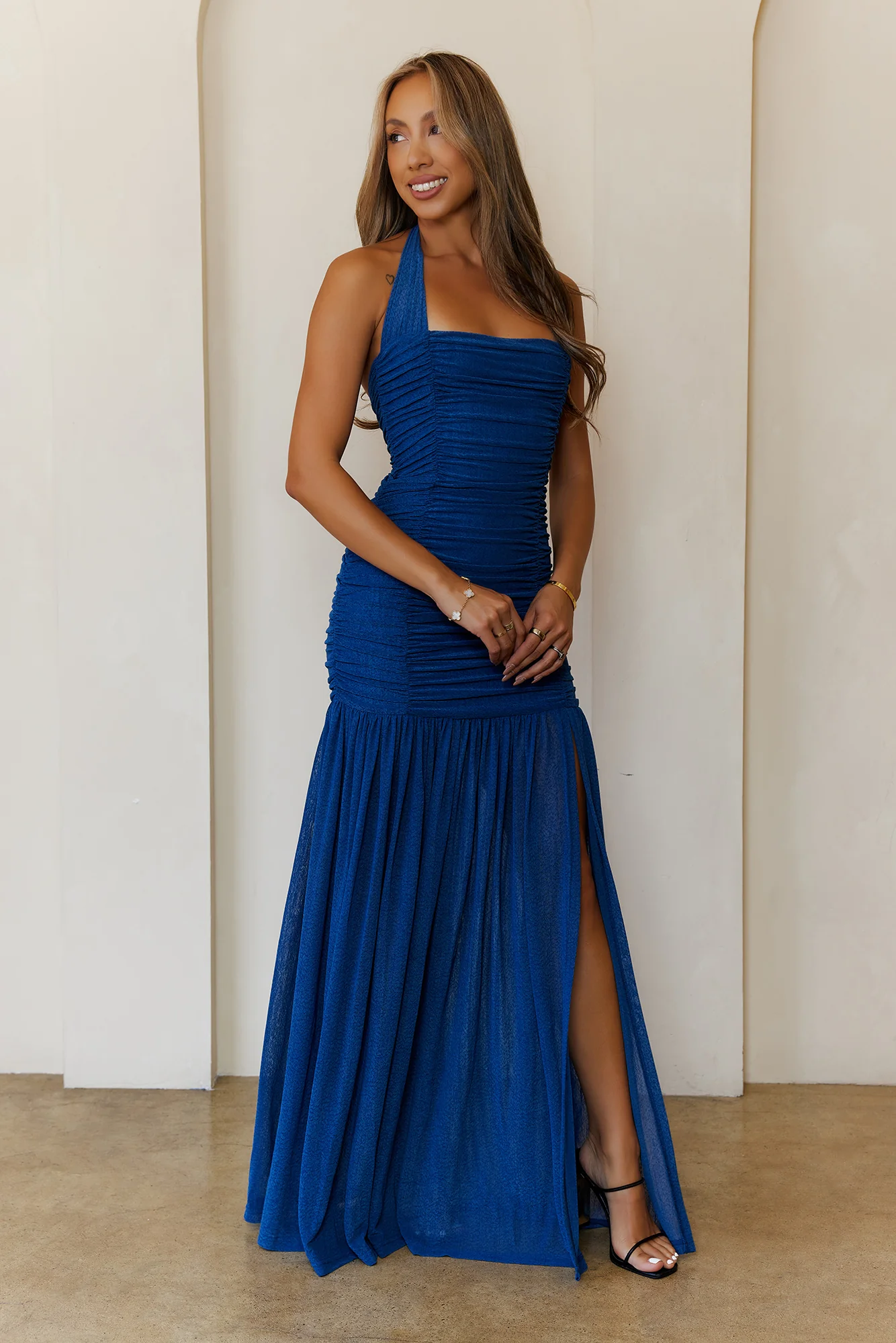 Evelyn Luxe Mesh Halter Maxi Dress Teal