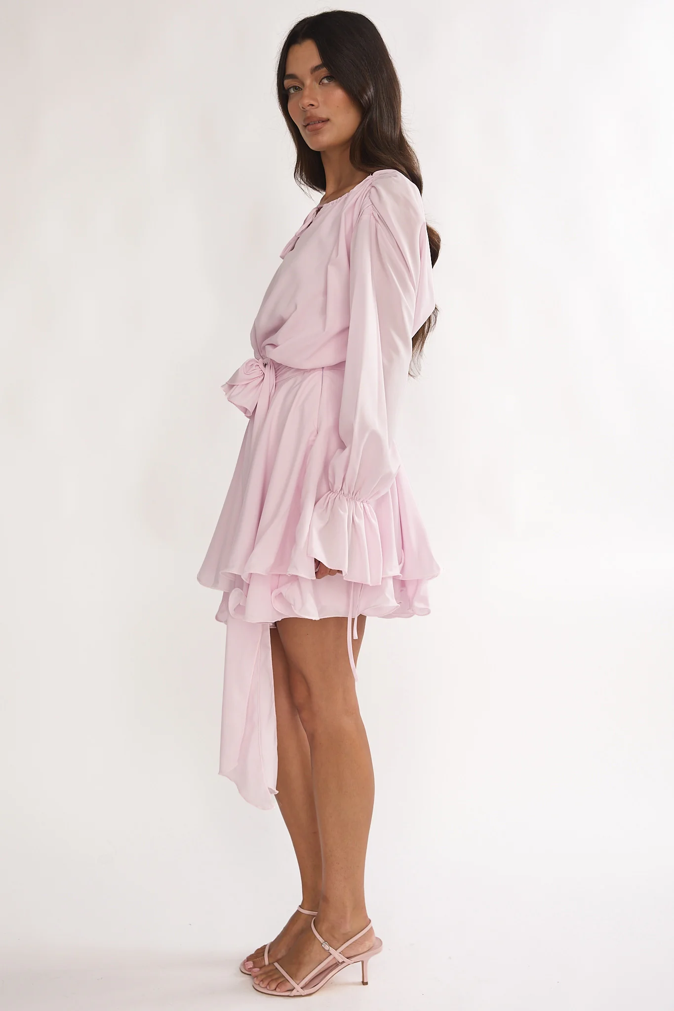 Maeva Long Balloon Sleeve Rosette Mini Dress Baby Pink - luluinthesky