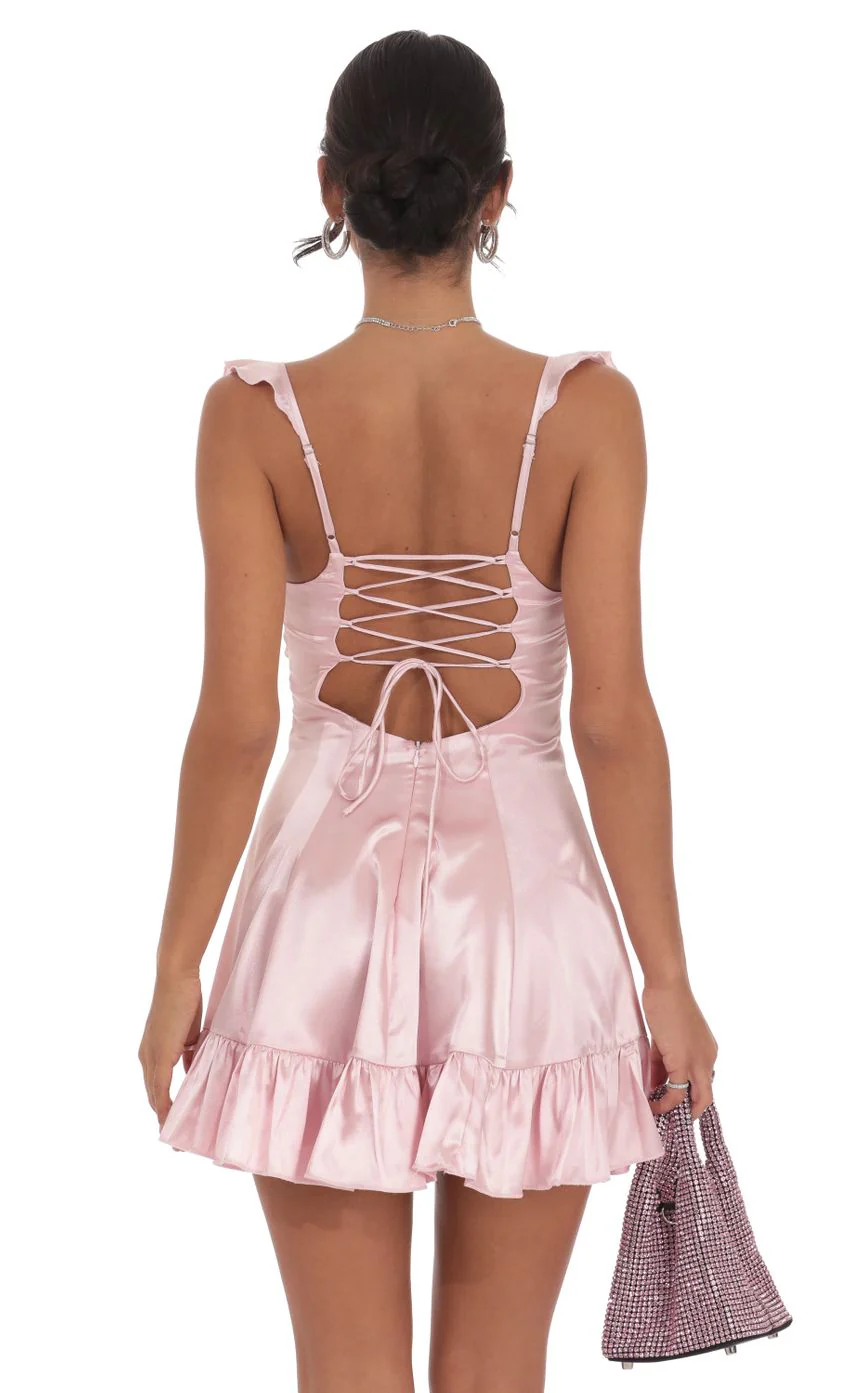 Satin Ruffle Fit and Flare Dress in Pink