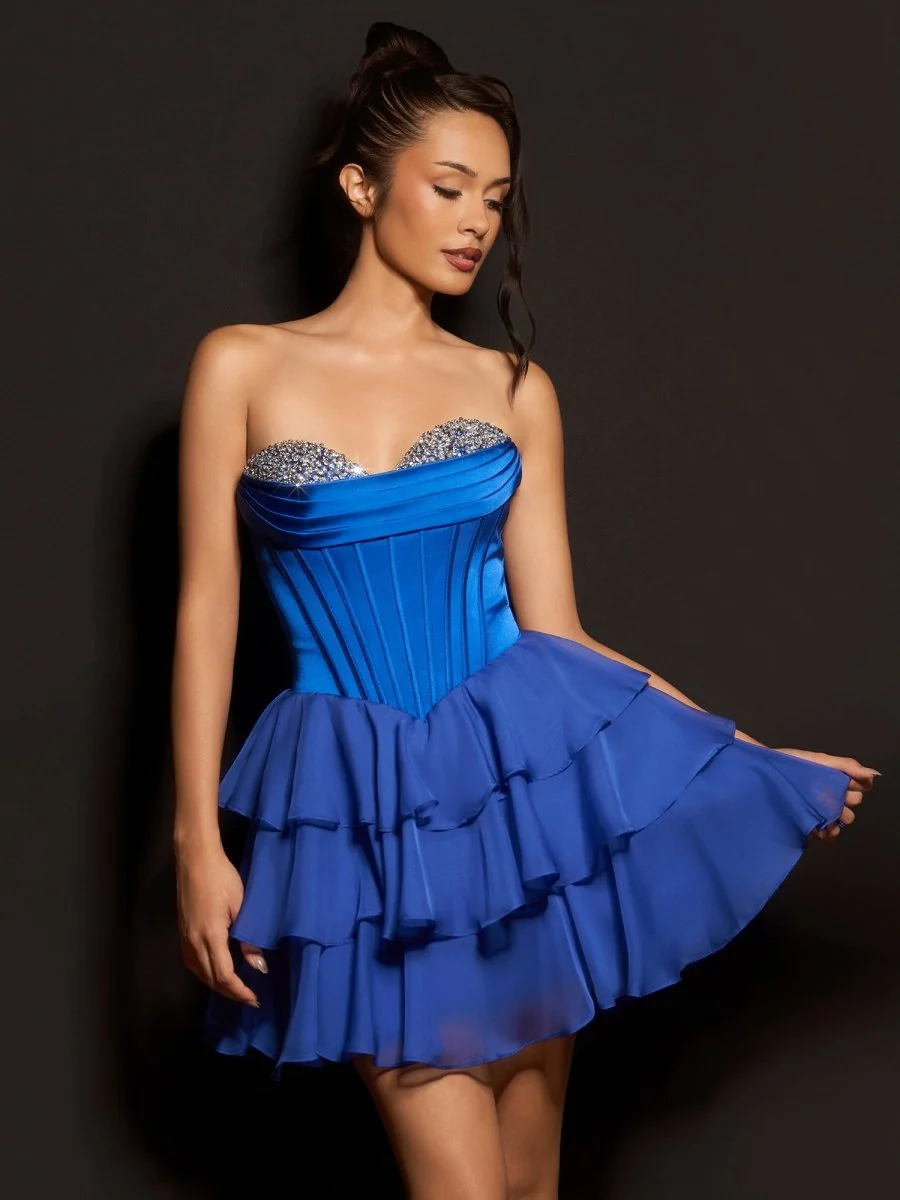 Royal Blue Strapless A Line Ruffles Homecoming Dress With Beading