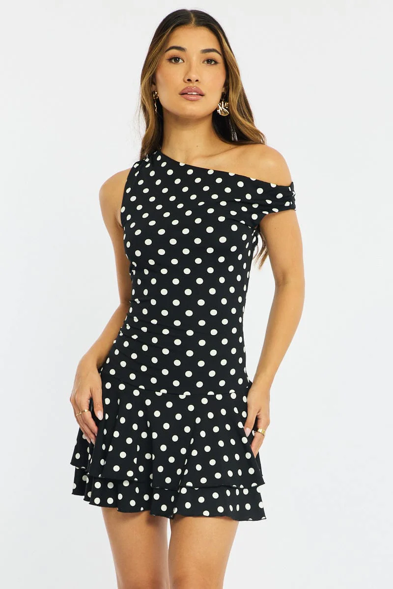 Black Polka Dot Mini Dress Off Shoulder