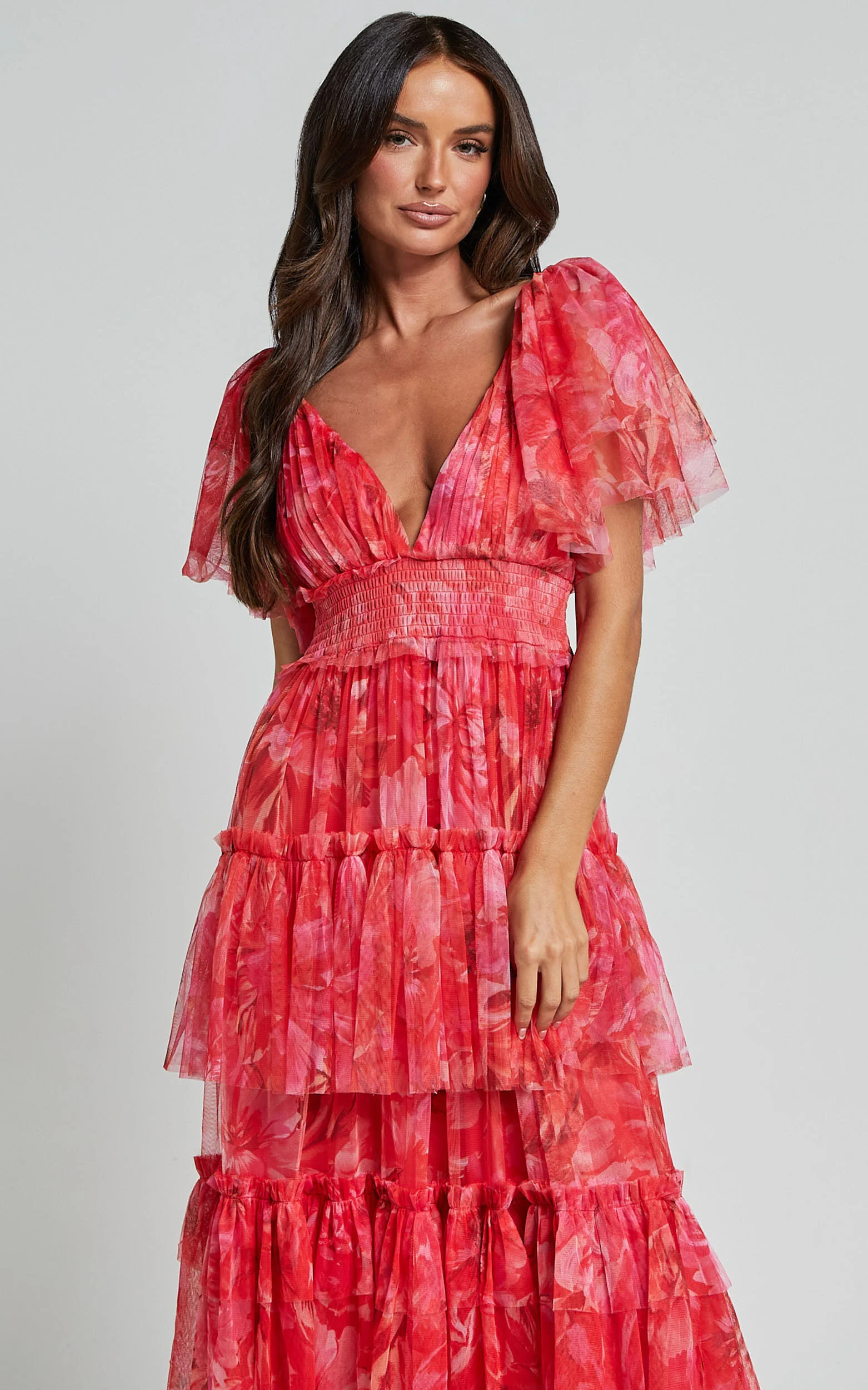 Leianna Midi Dress - Tulle Flutter Sleeve Tiered Ruffle Dress in Sunset Floral