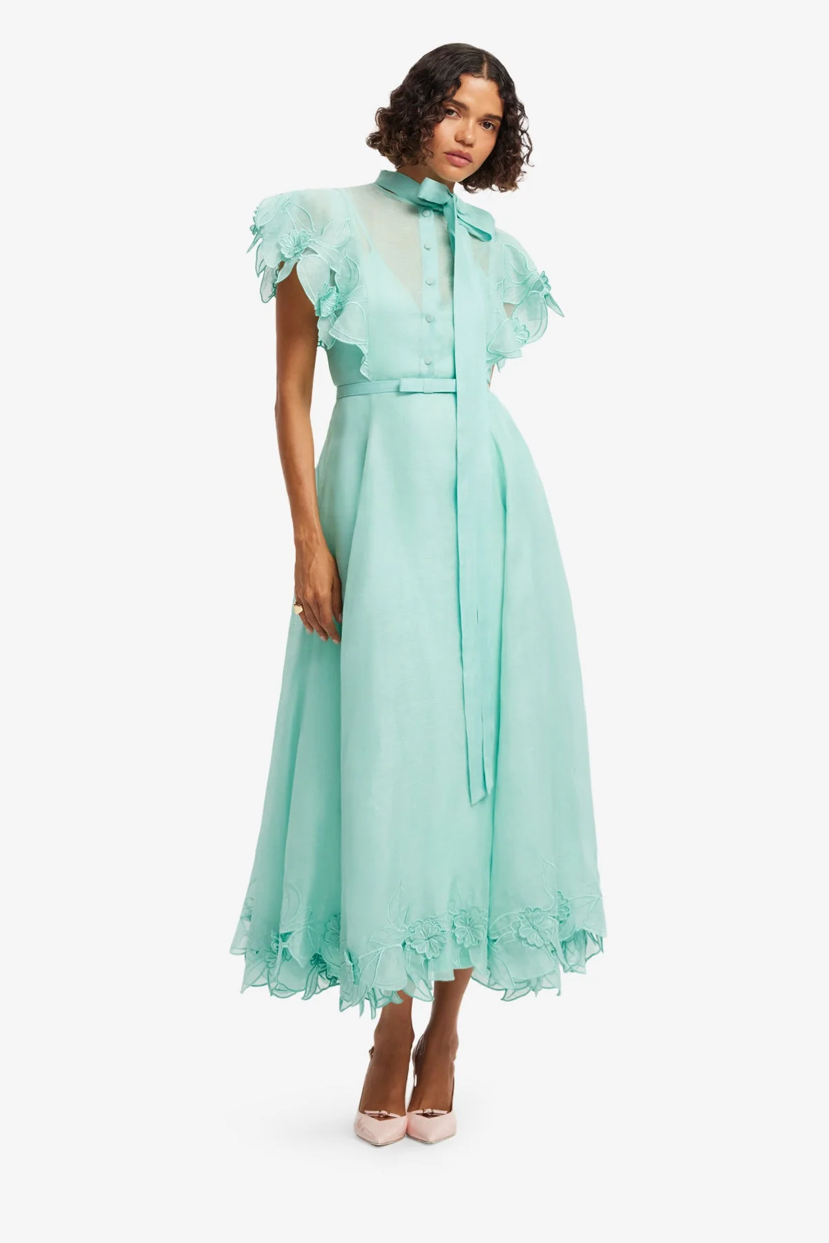 Elsie Appliqué Flutter Sleeve Maxi Dress - Pale Turquoise
