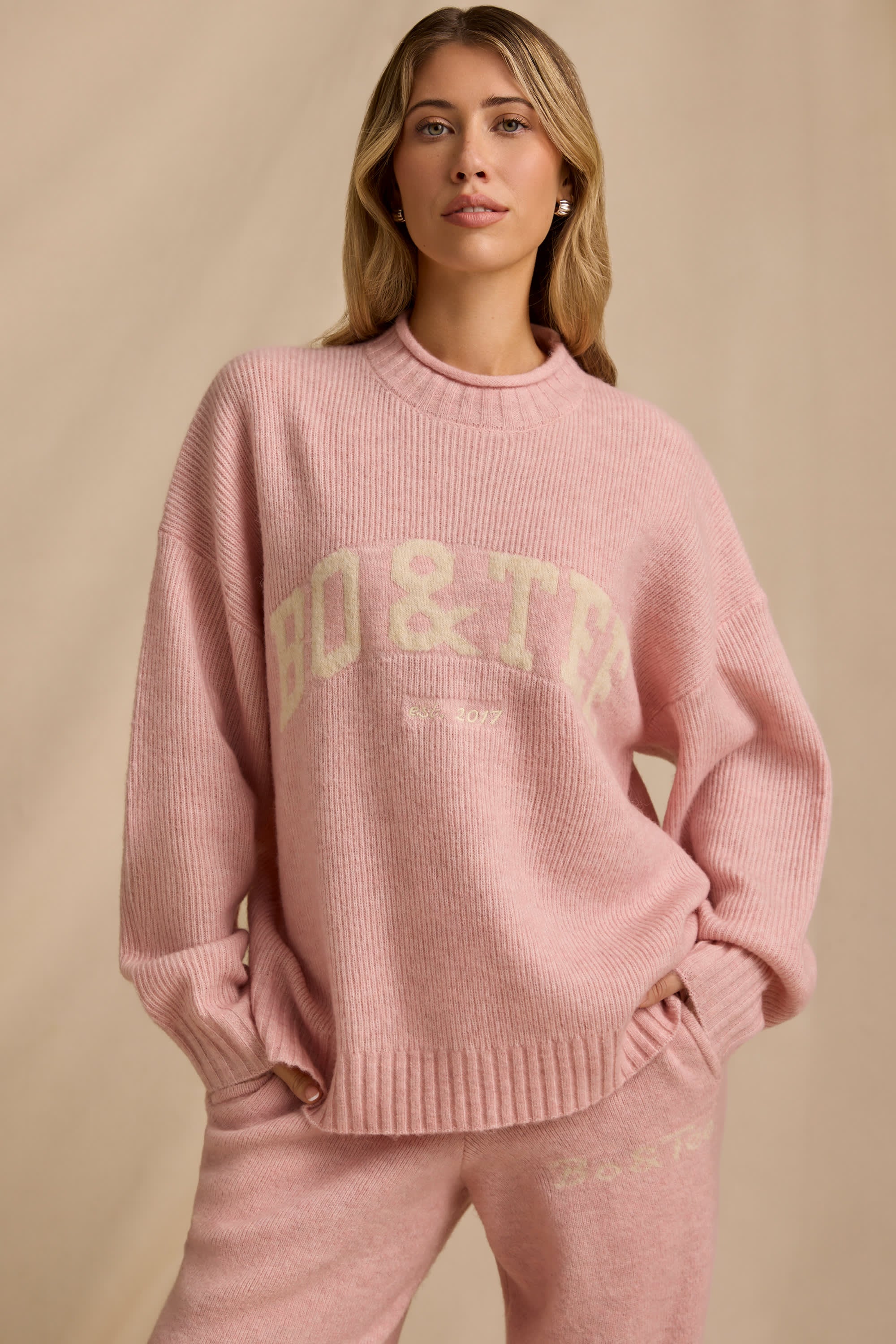 Ribbed Knit Oversized Jumper in Blush Pink