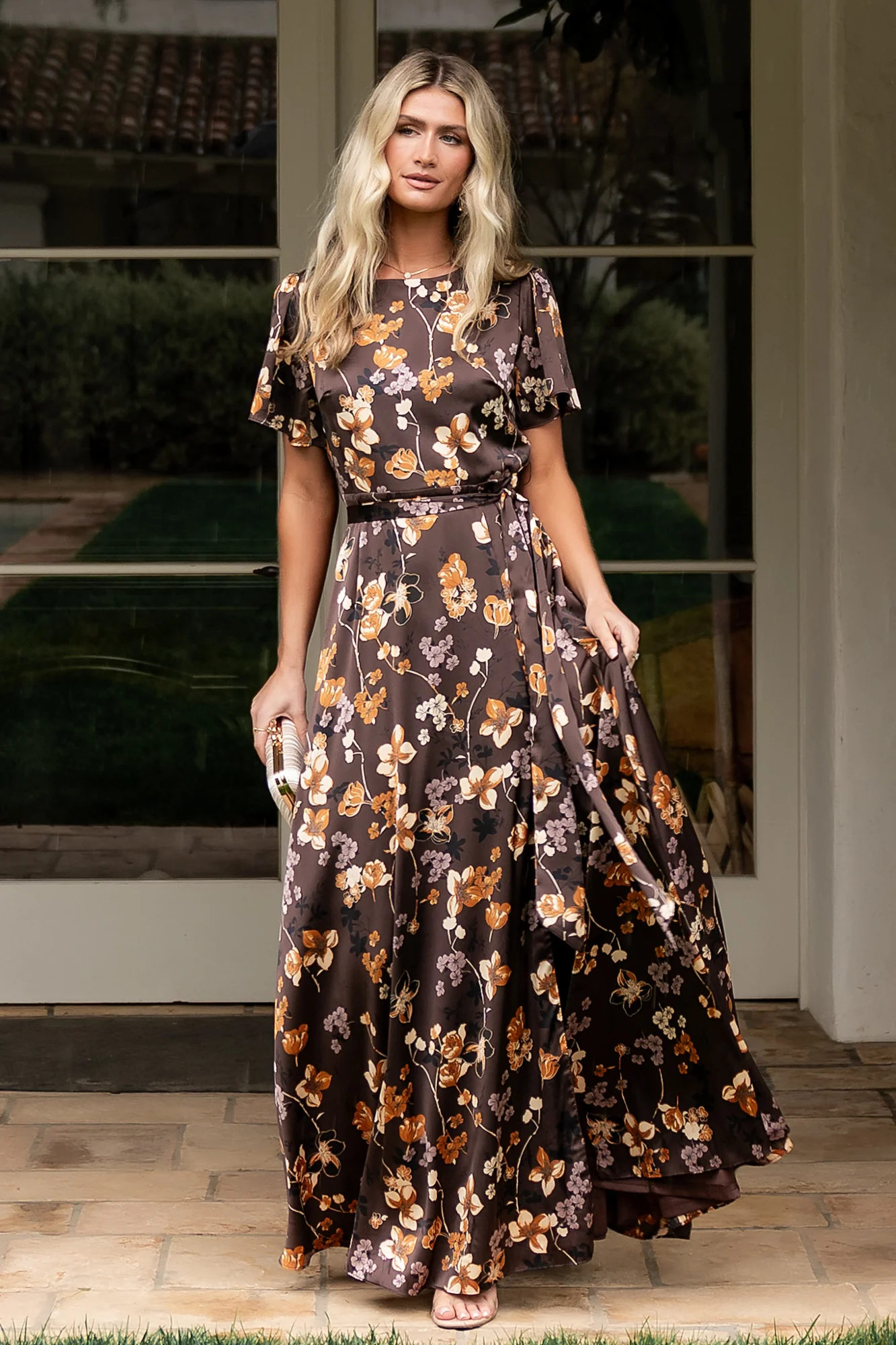 Agnes Satin Maxi Dress | Brown Floral - luluinthesky