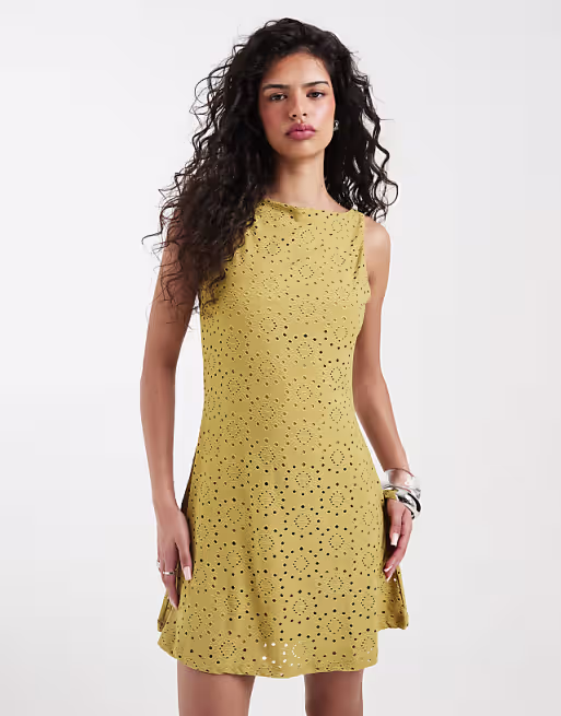 Vero Moda jersey floral eyelet sleeveless mini dress in willow green
