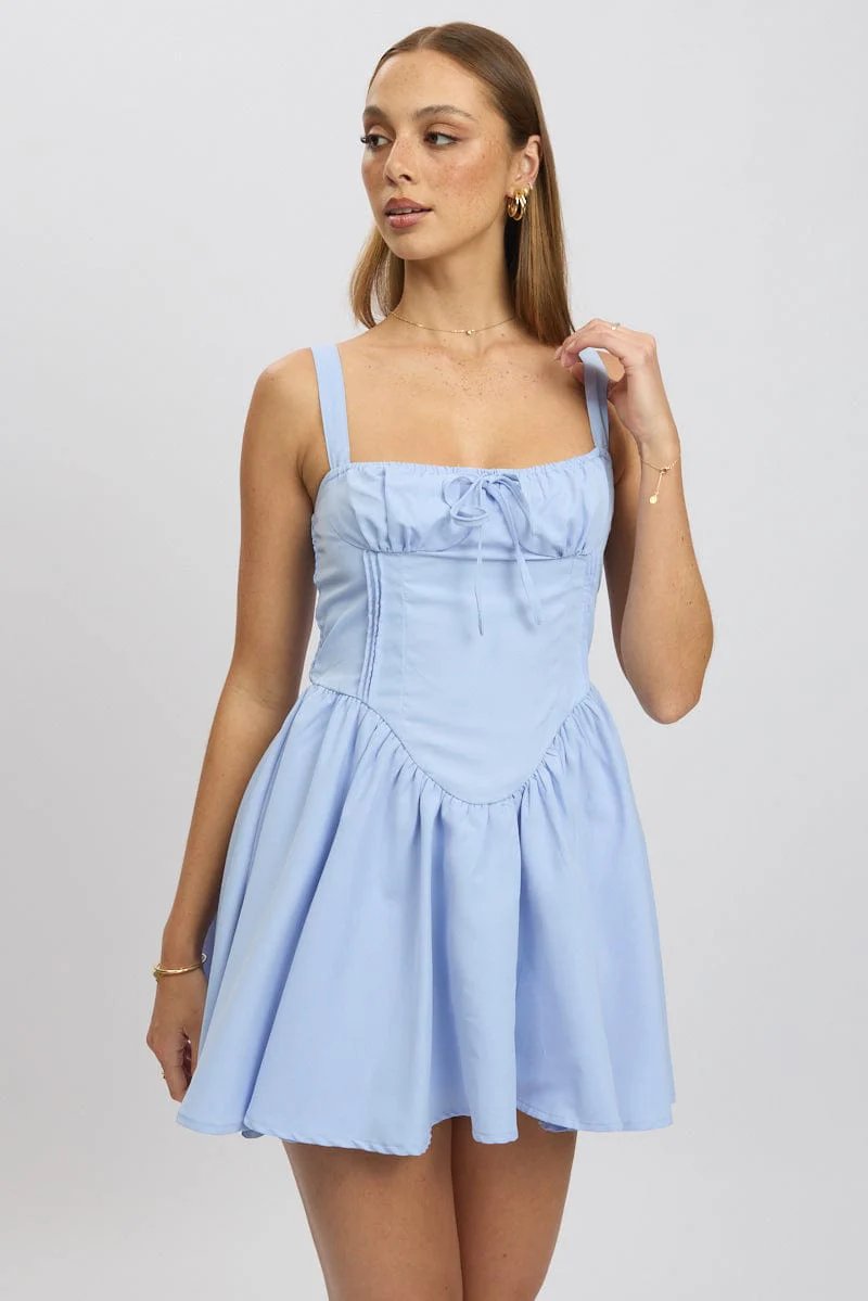 Blue Fit And Flare Dress Corset Detail Mini