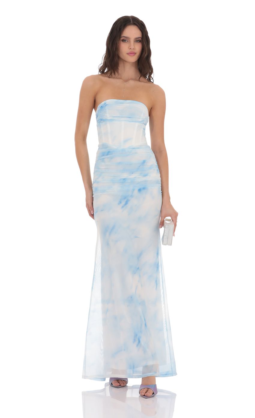 Mesh Strapless Corset Maxi Dress in Blue Tie Dye