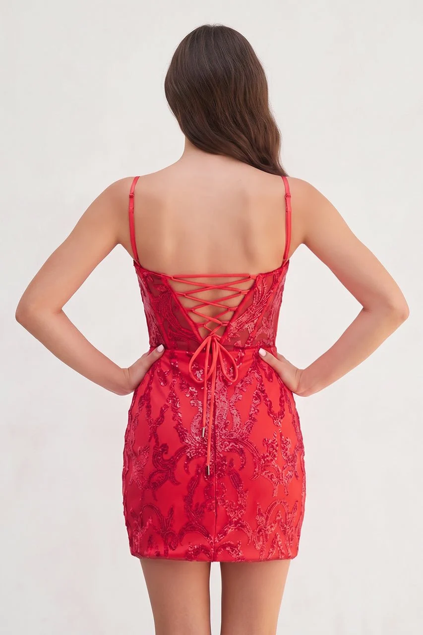 Glitter Hot Pink Fitted V-Neck Spaghetti Straps Sequined Appliques Mini Party Dresses