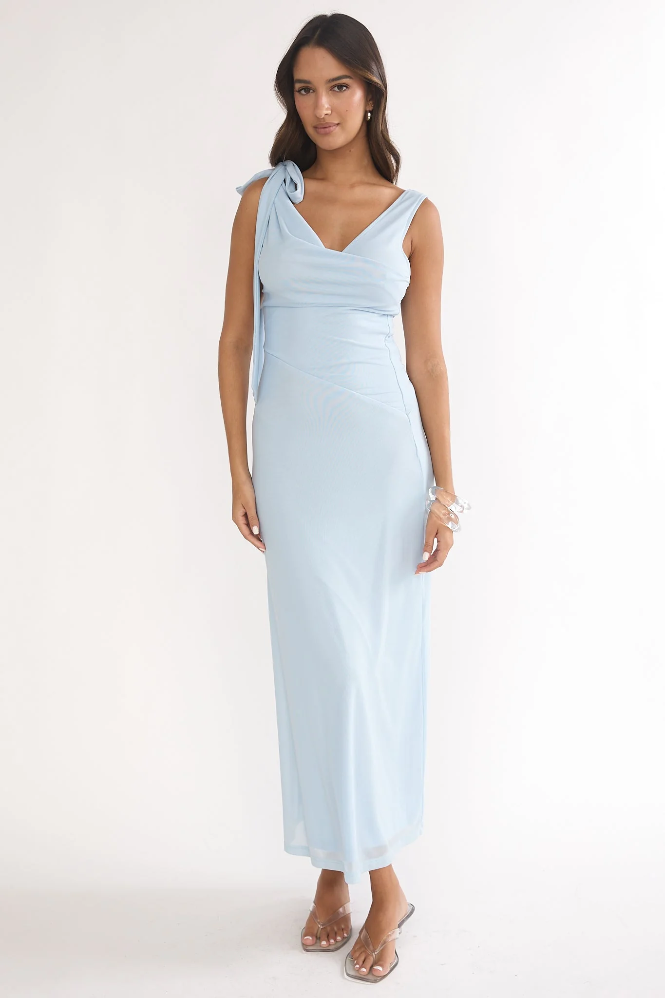 Cavelle Tie Shoulder Mesh Maxi Dress Blue