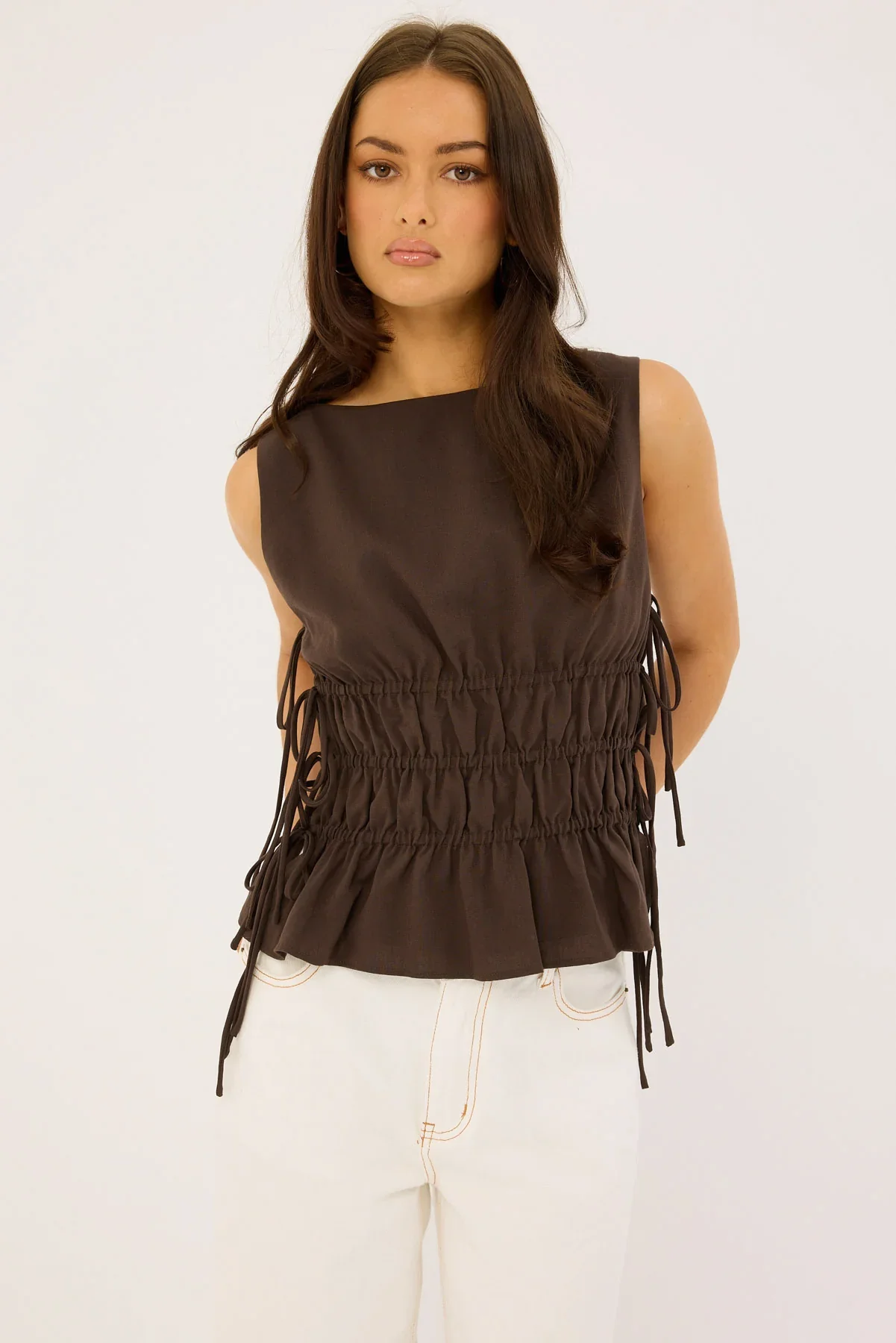 Luck & Trouble Verona Ruched Side Tie Top Chocolate