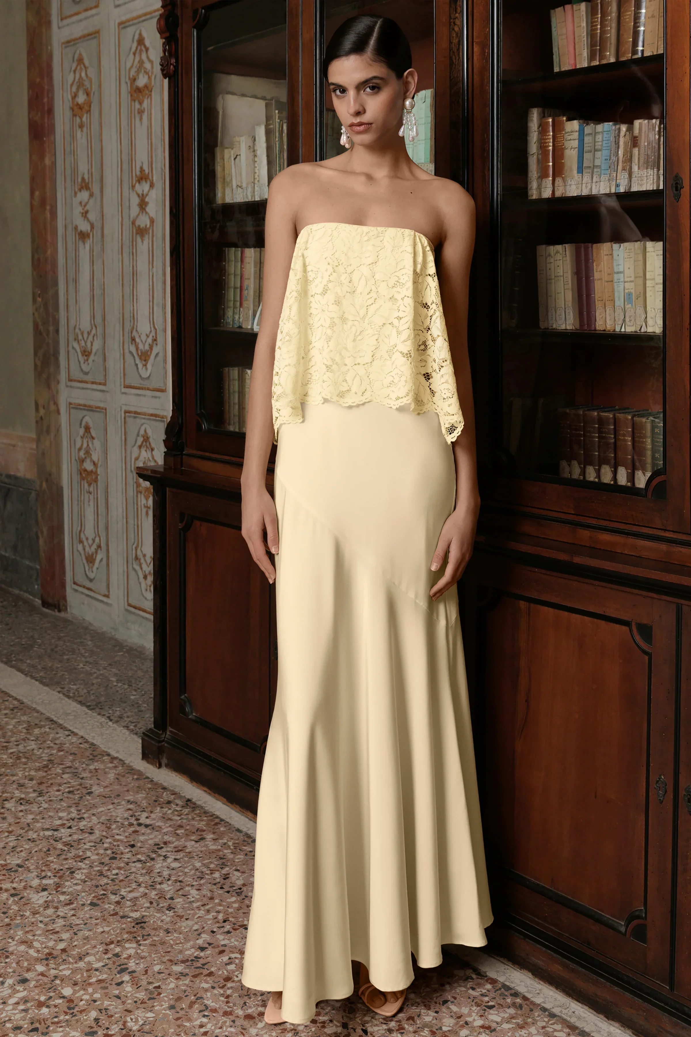 Clemency | Lemon Lace And Satin Bandeau Maxi Dress