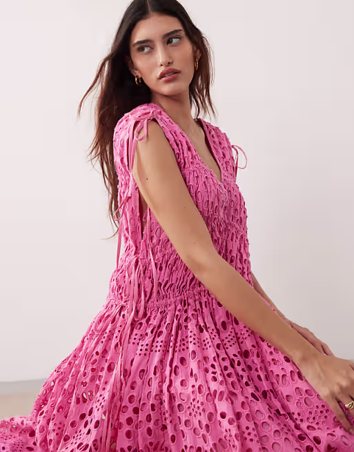 ARRANGE broderie drawstring detail trapeze maxi dress in bright pink