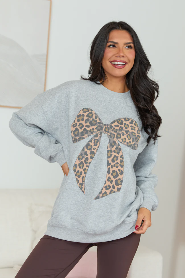 Leopard Bow Light Grey Graphic Sweatshirt