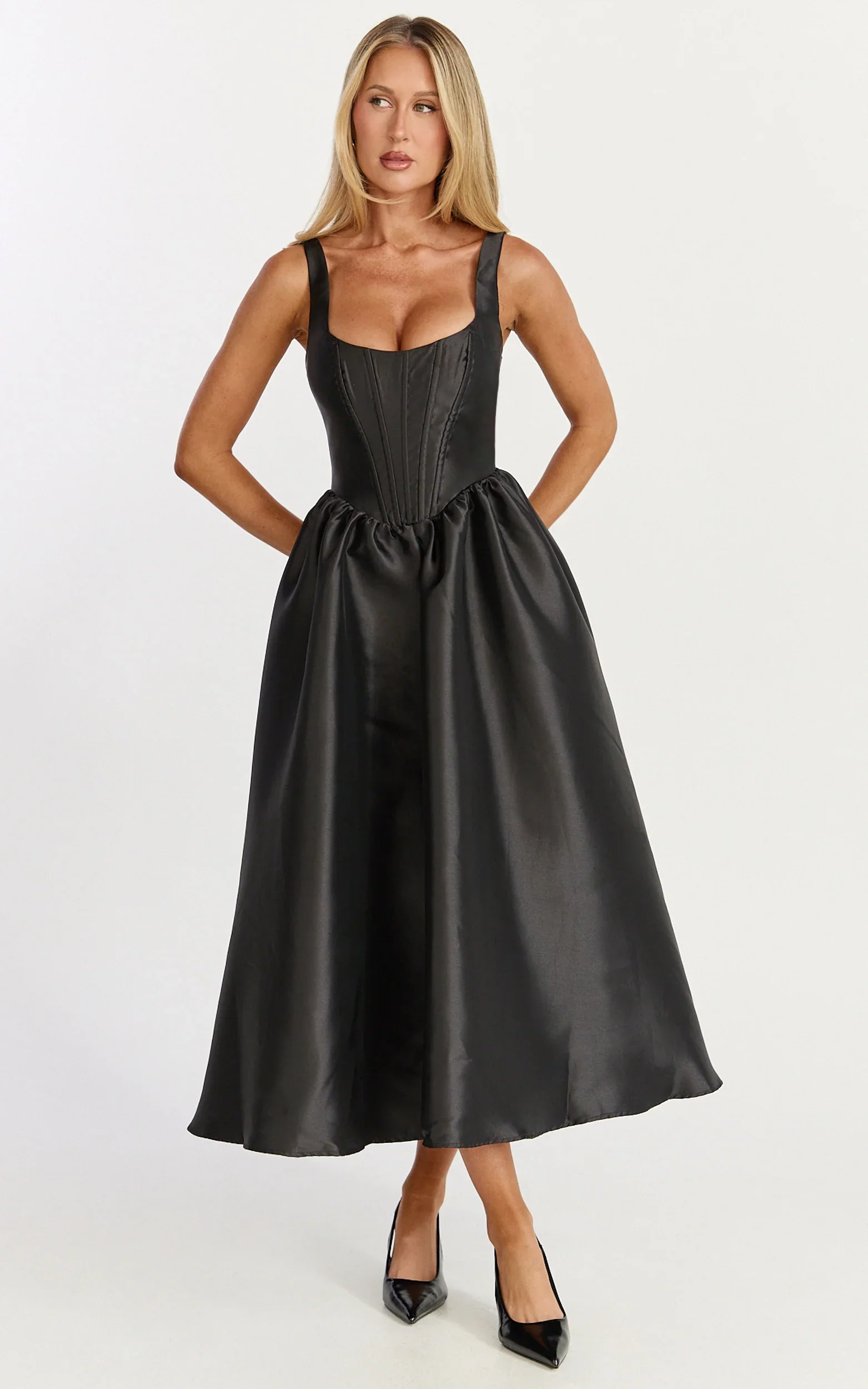 Courtney Midi Dress - Corset Panel Low Back Dress in Black
