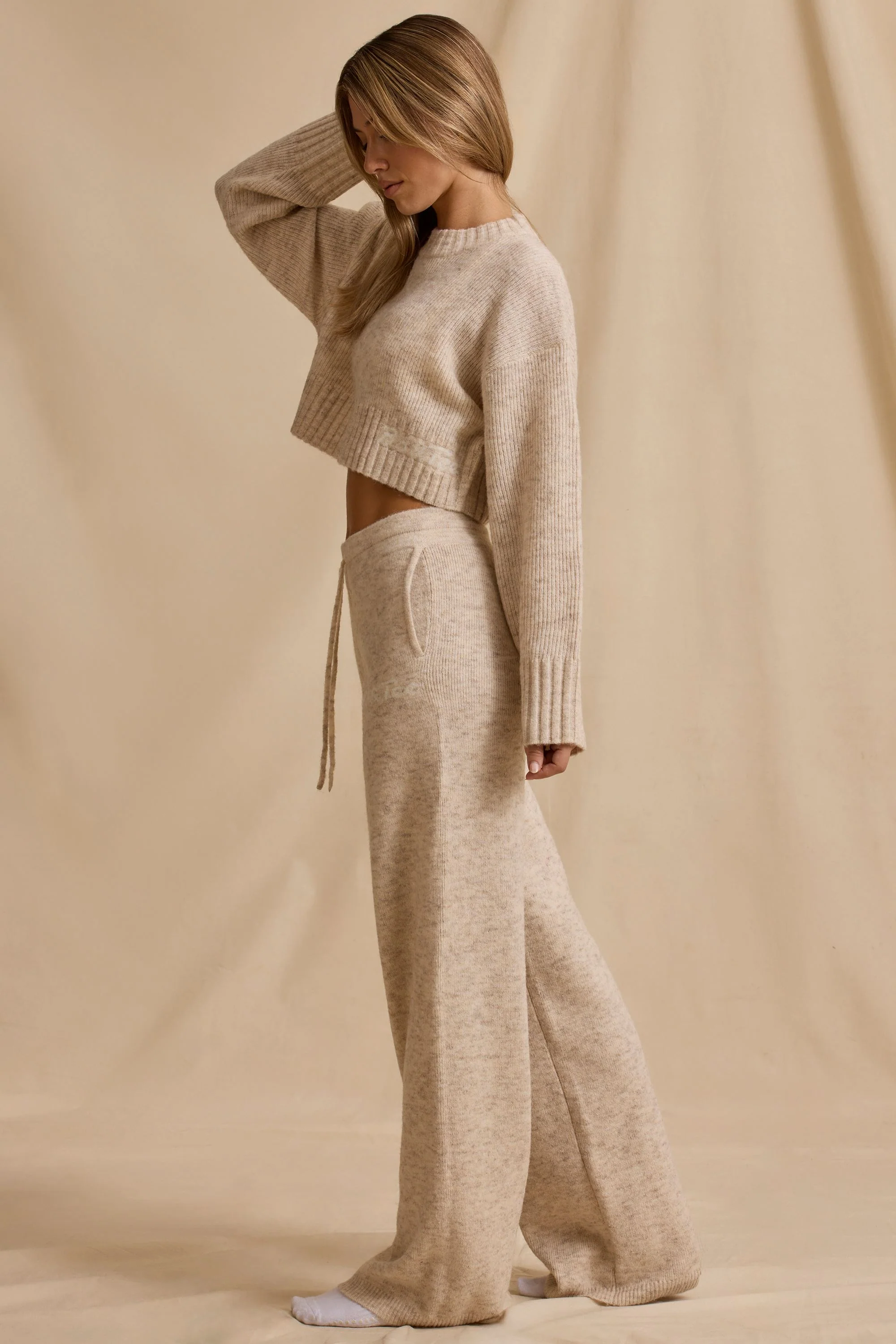 Ribbed Knit Mid-Rise Wide-Leg Joggers in Cream Marl