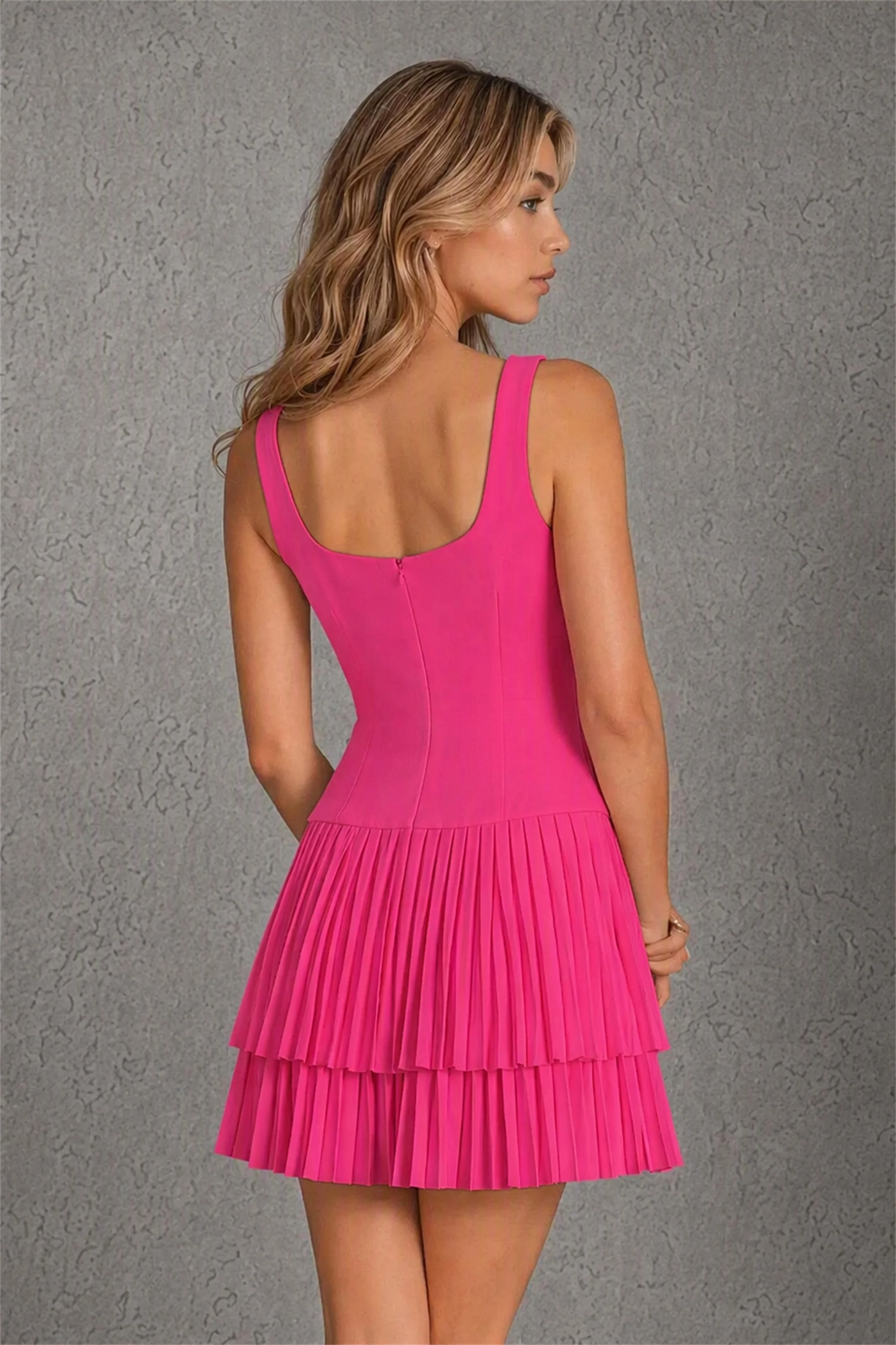 BOLODOO Hot Pink Knit Square Neck Wide Strap Corset Bodice Tiered Pleated Mini Dress with Low Back