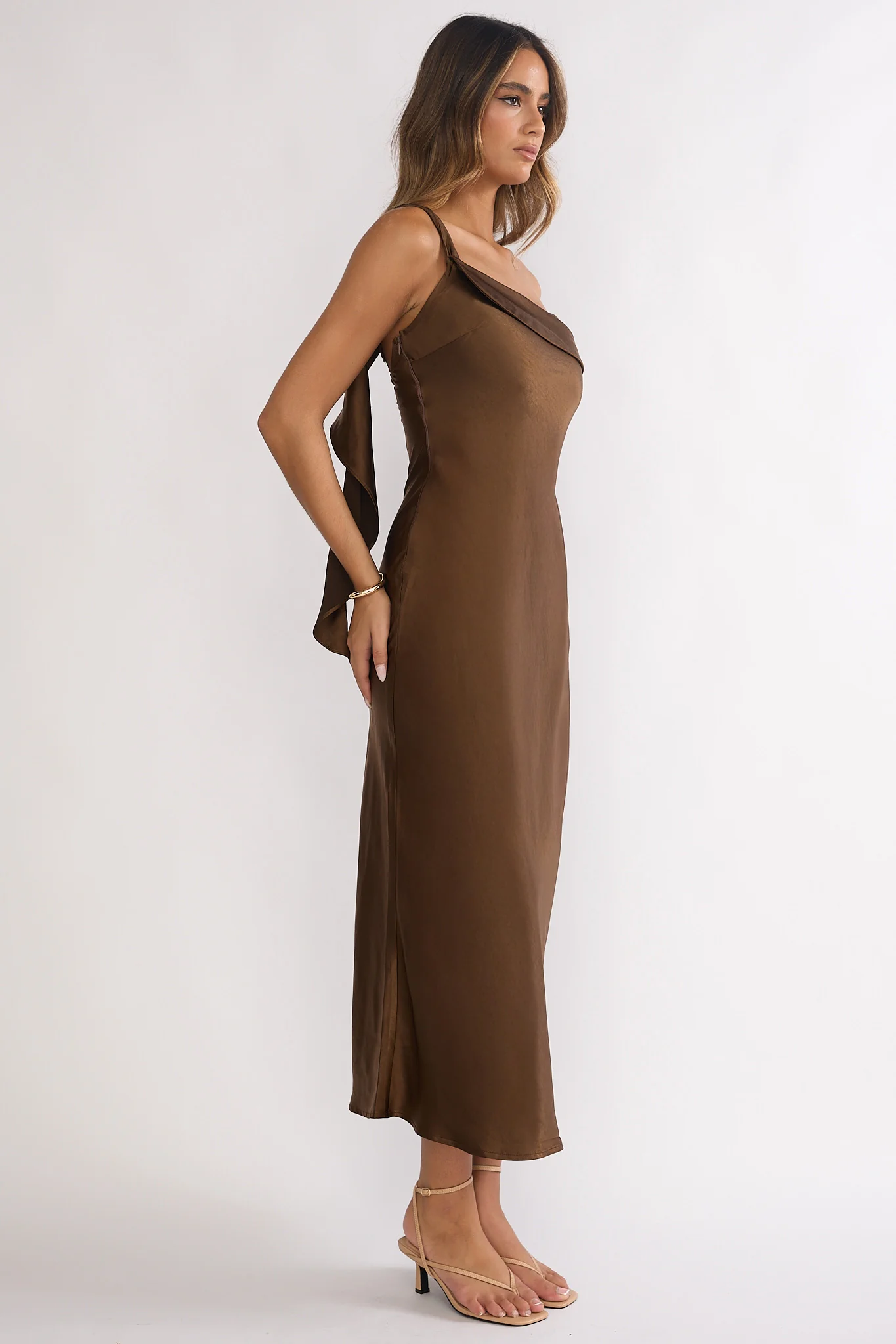 Carmel One-Shoulder Sash Maxi Dress Chocolate