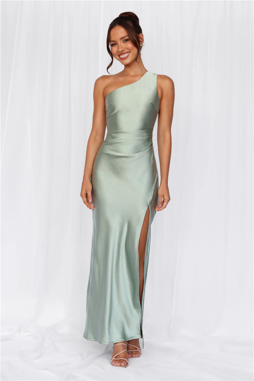 The Aurora One Shoulder Satin Maxi Dress Sage