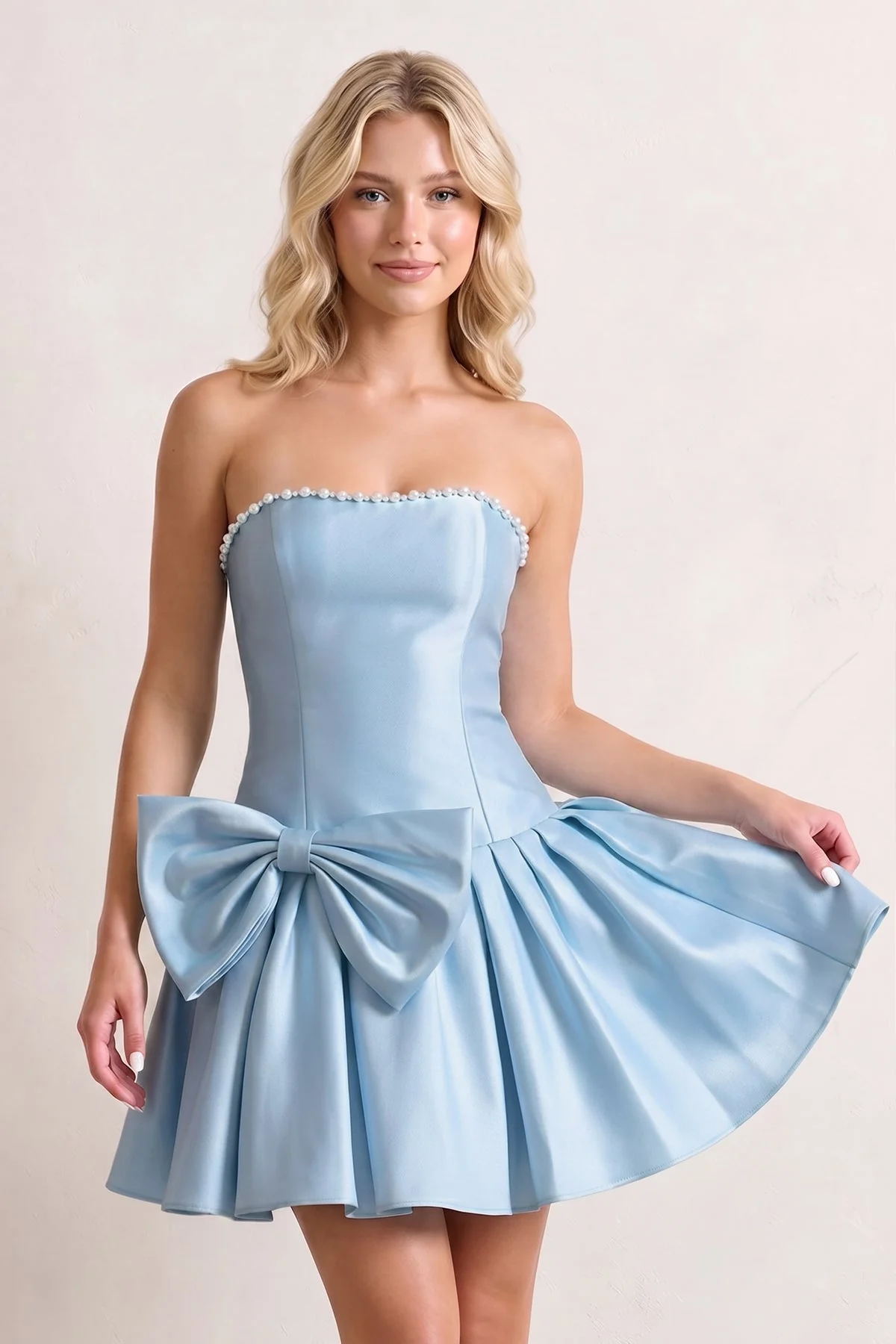 Aqua Strapless A-Line Satin Ruched Bow Homecoming Dress With Pearl