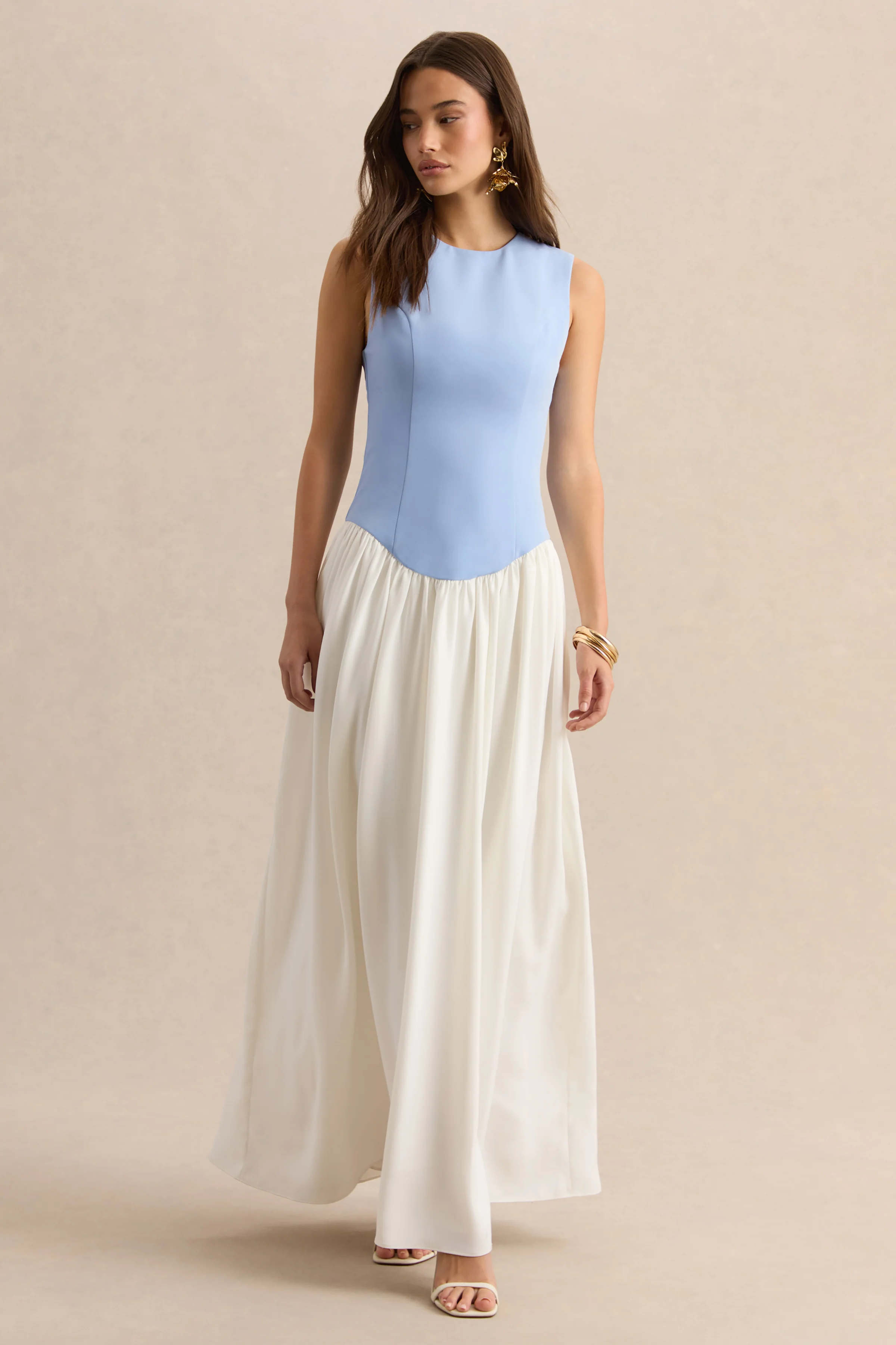 Iliana | Powder Blue And White Crew-Neck Maxi Dress With Drop-Waist And Pleated Skirt