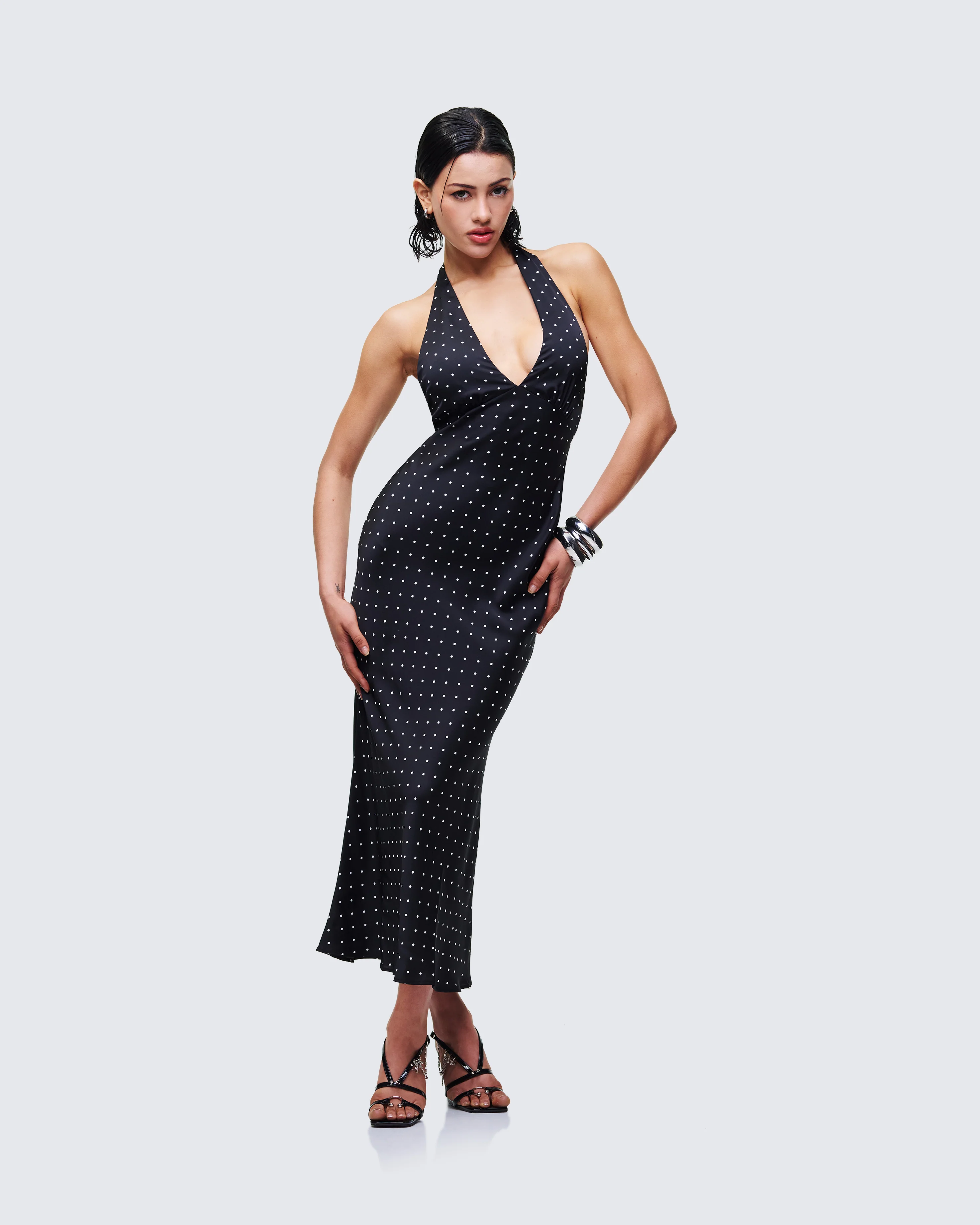 Anka Black Pin Spot Midi Dress