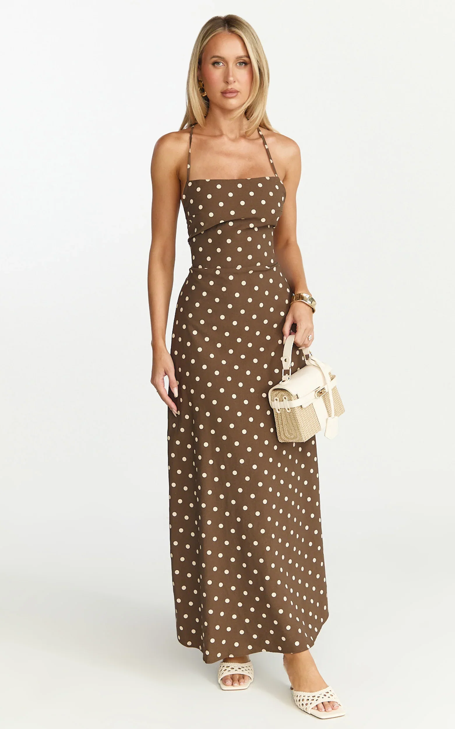 Leighton Midi Dress - Cross Over Spaghetti Straps Square Neck A Line Dress in Choc/Cream Polka Dot