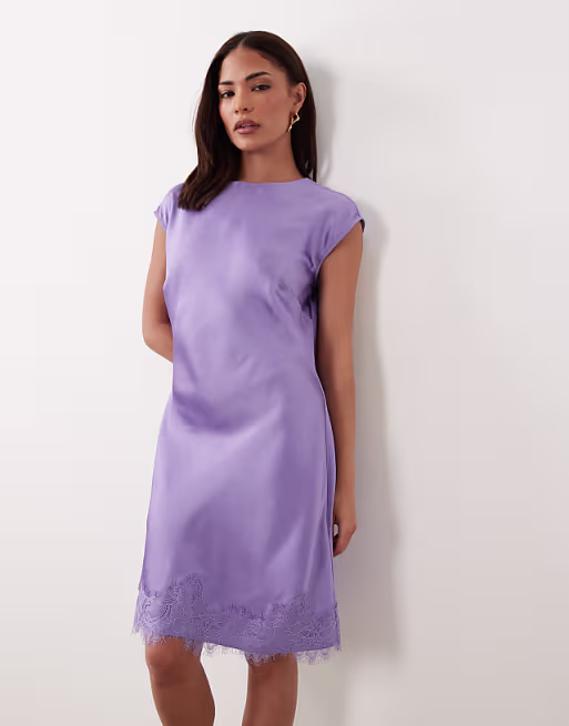 Petite slash neck satin mini dress with lace hem in lilac